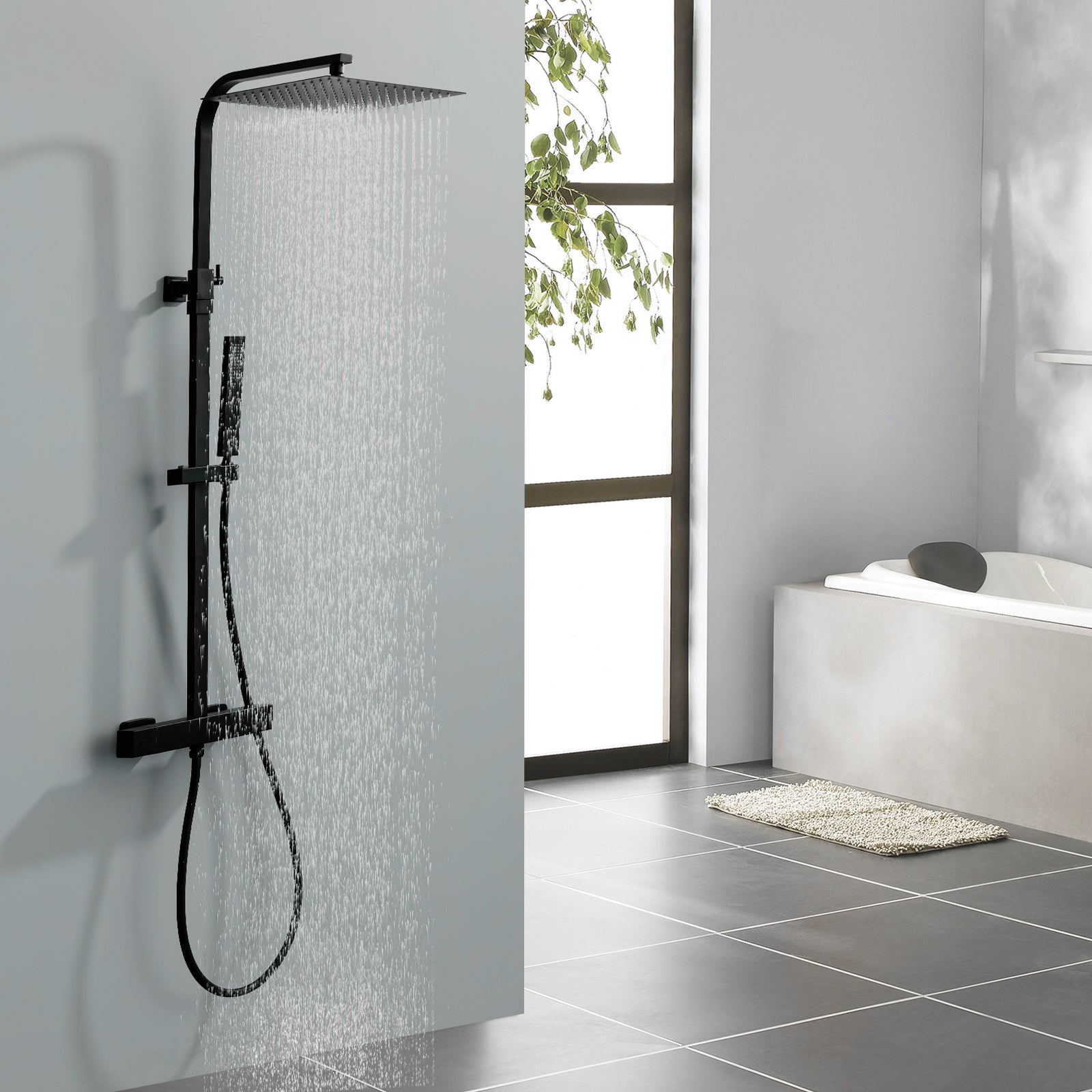 Homelody Colonne de Douche Thermostatique Système de Douche Hauteur Réglable Colonne de Douche Avec Grand Jet de Plafond Carré de 12 Pouces Ensemble de Douche Noir Corps en Laiton
