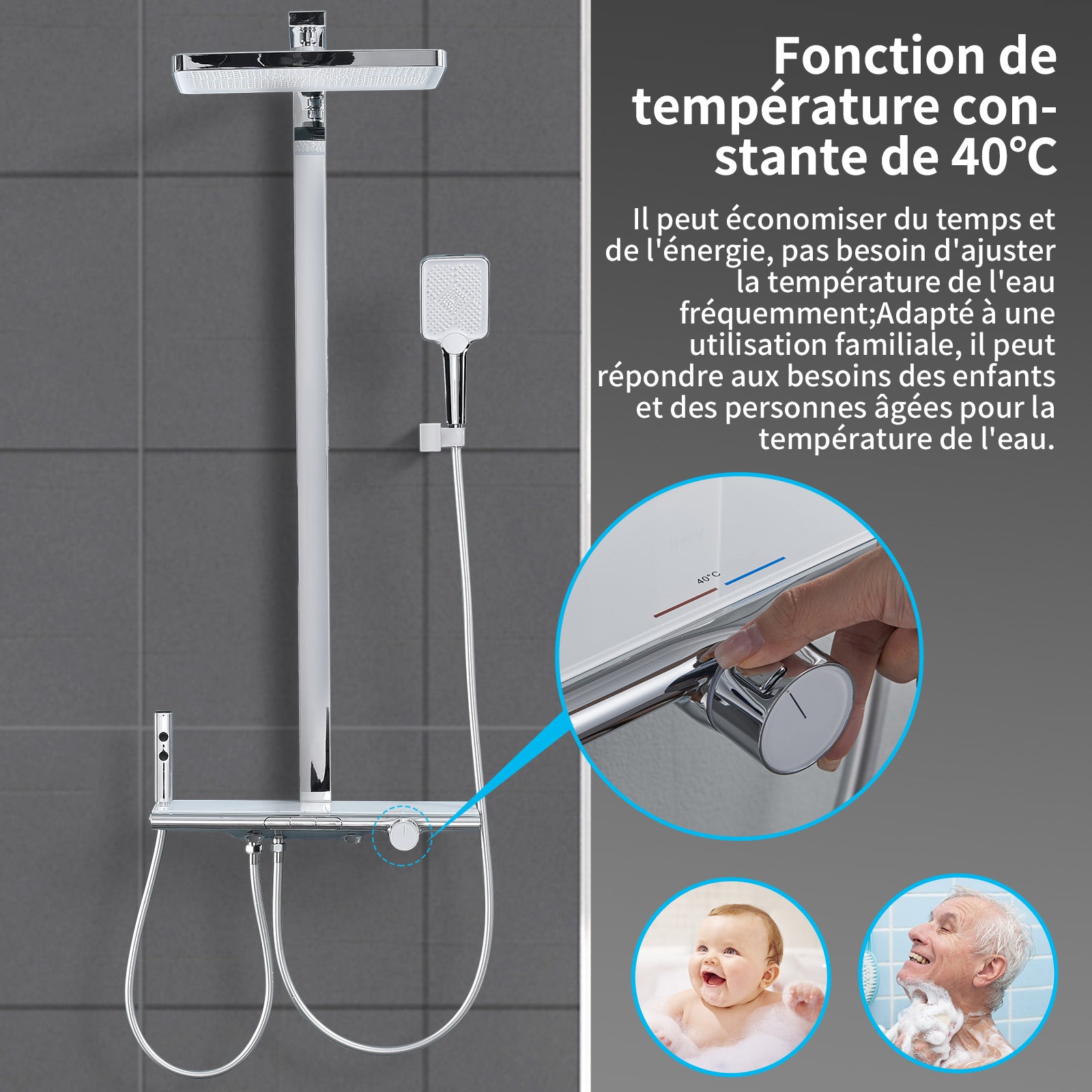 Homelody Colonne de Douche Thermostatique 40℃ avec Plateau de Rangement Ensemble de Douche en Laiton Chromé Kit de Douche 4 Fonctions Design Moderne