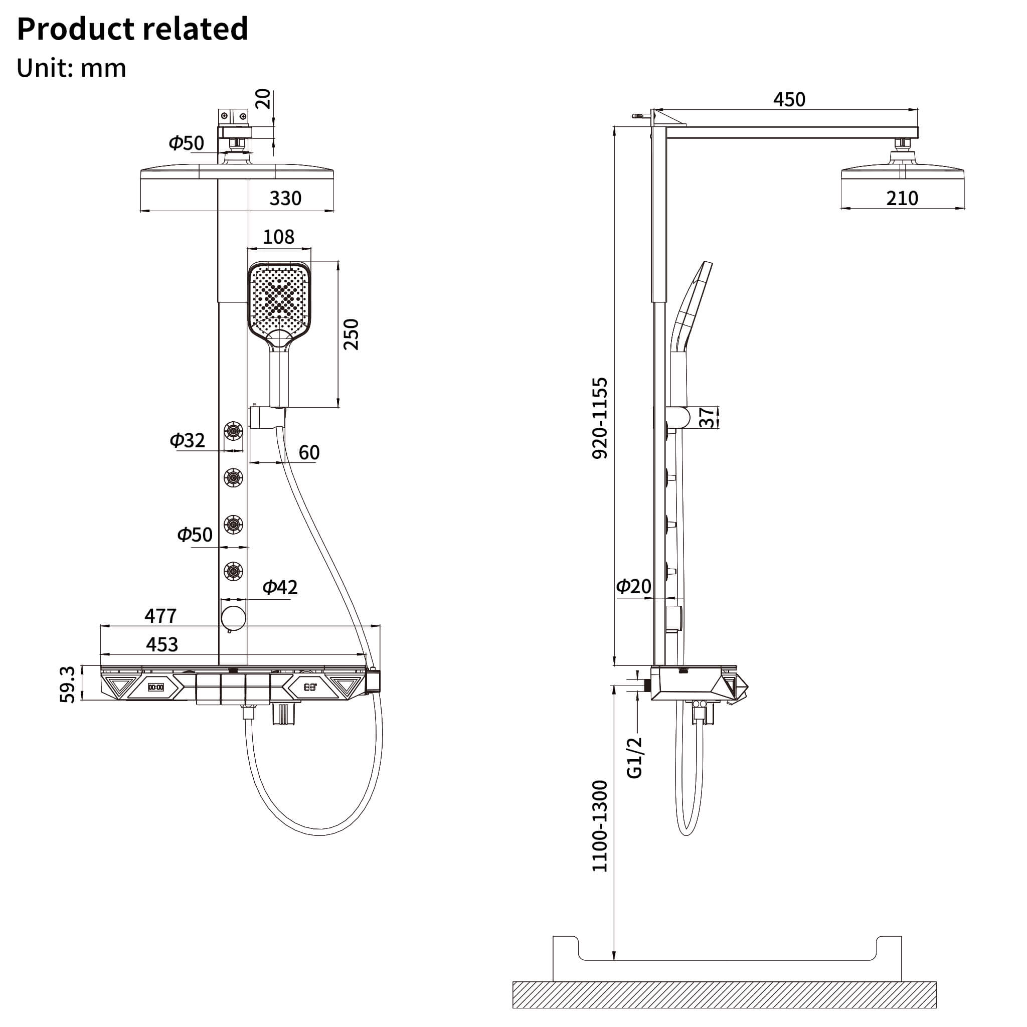 Homelody 38 ℃ Thermostatique Système de douche à affichage numérique avec Plateau de Rangement avec mitigeur de Baignoire pour et Pivotantà 360° backspray, lumière ambiante