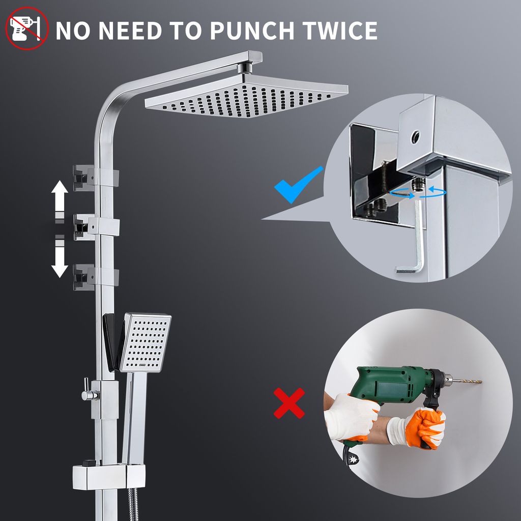 Système de douche Homelody avec thermostat, kit de douche en laiton avec robinetterie Pomme de douche à effet pluie (200 x 200 mm) Douchette, flexible, barre de douche, robinetterie de douche