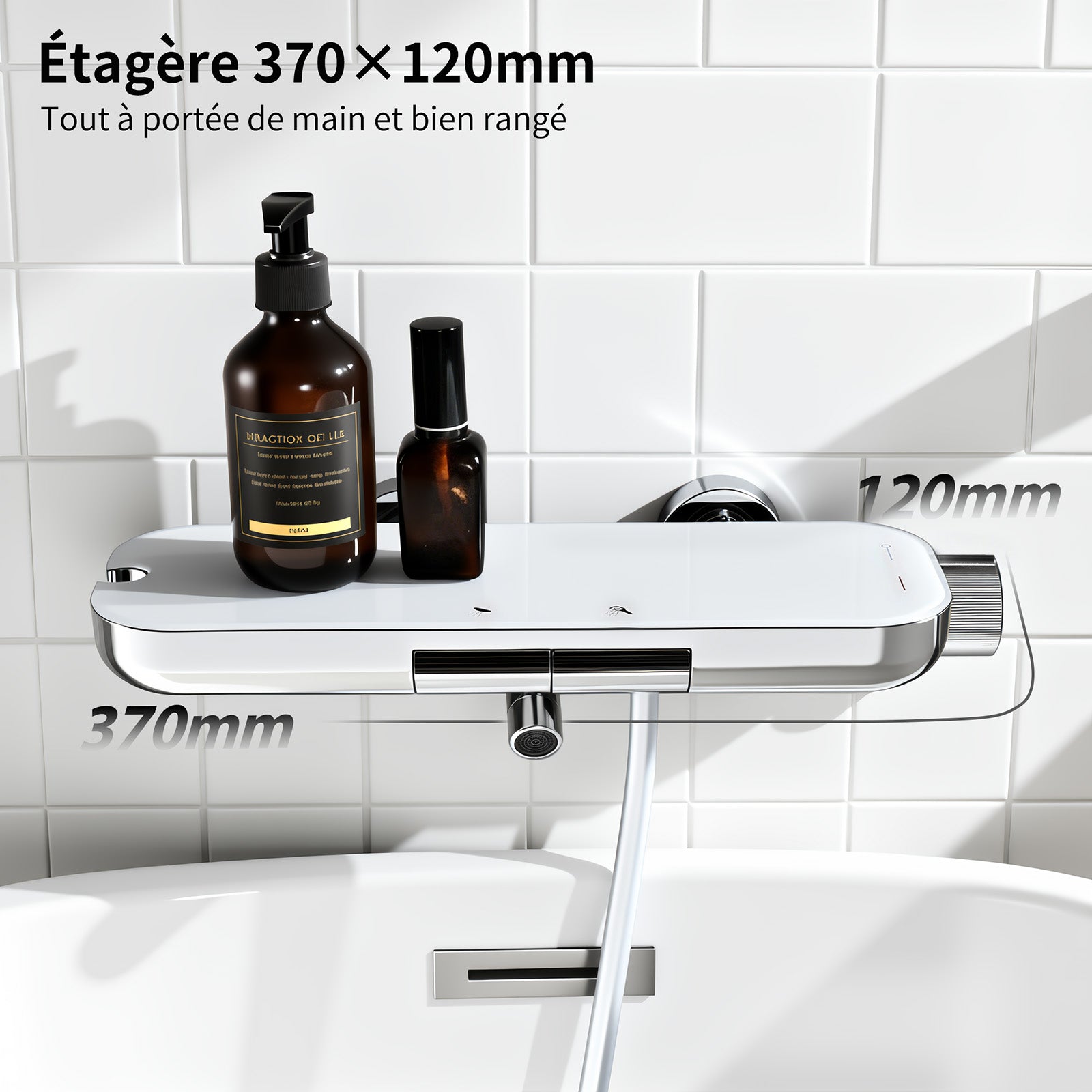 HOMELODY Robinet Baignoire avec Tablette 120×370 mm, Douchette à Main et Sortie Bain, Chrome