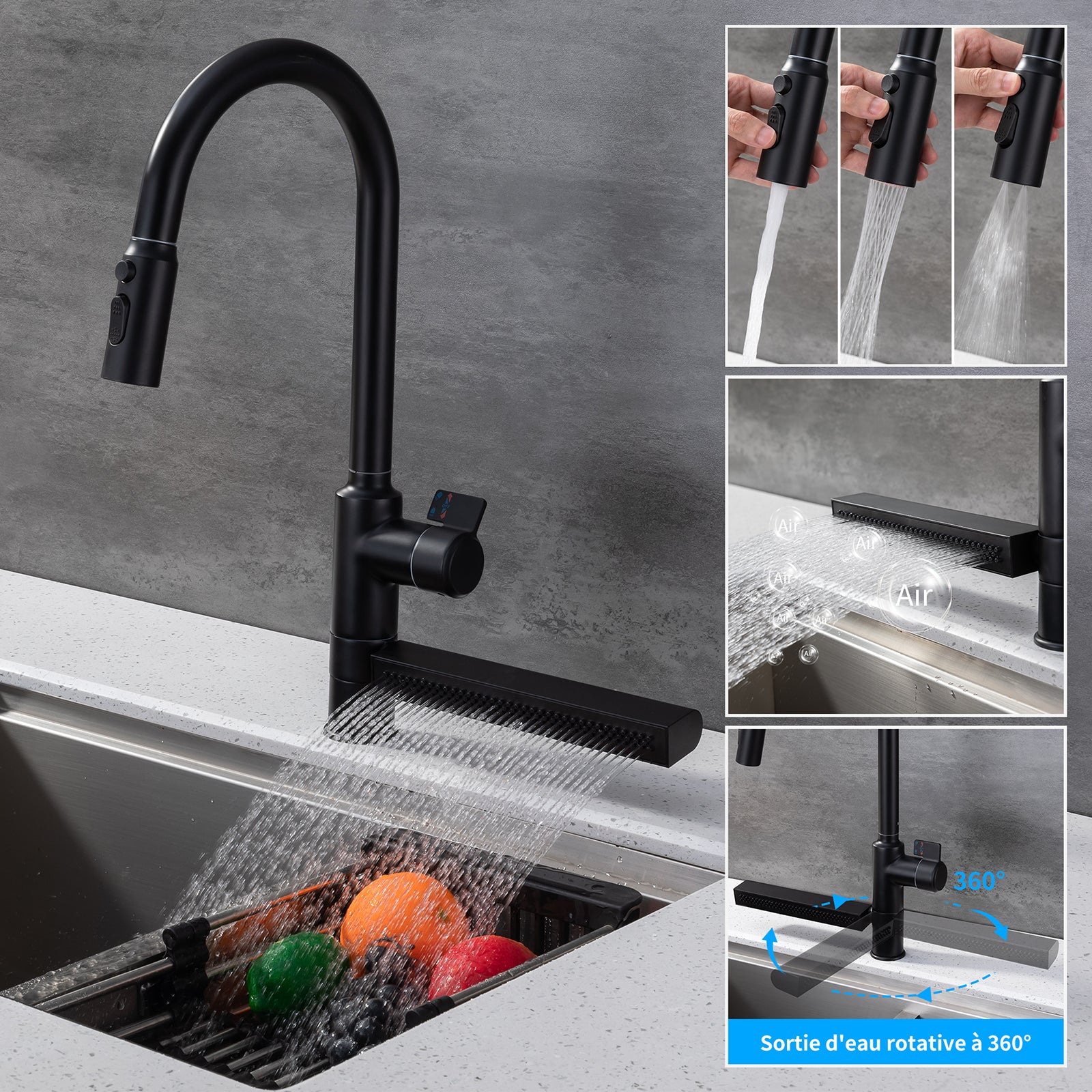 Homelody Mitigeur Cuisine Noir - Robinet de cuisine cascade avec Rotation à 360 ° avec Douchette Extractible 3 Jets
