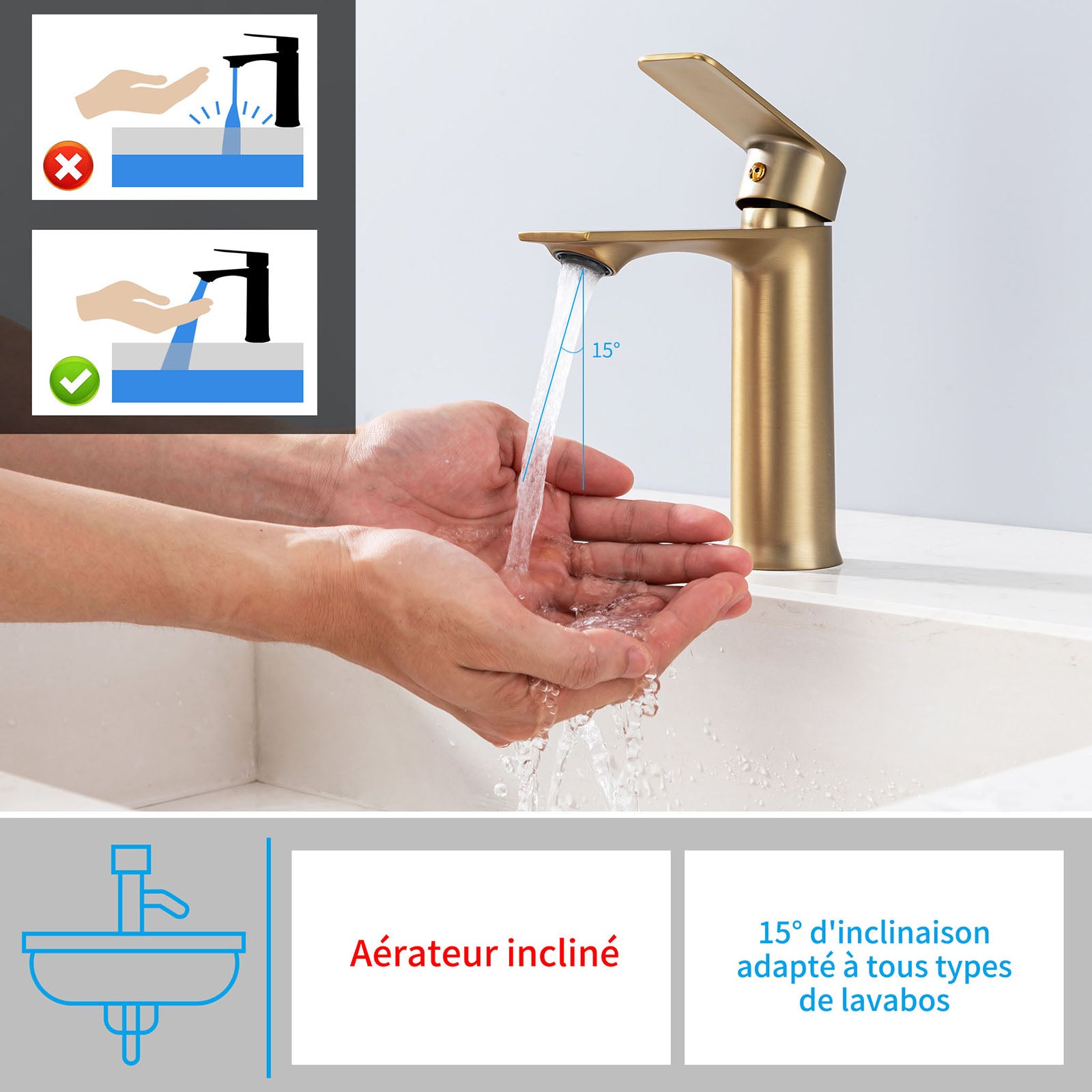Homelody Mitigeur Lavabo Doré Monocommande – Robinet Salle de Bain en Inox, Température et Débit Réglables