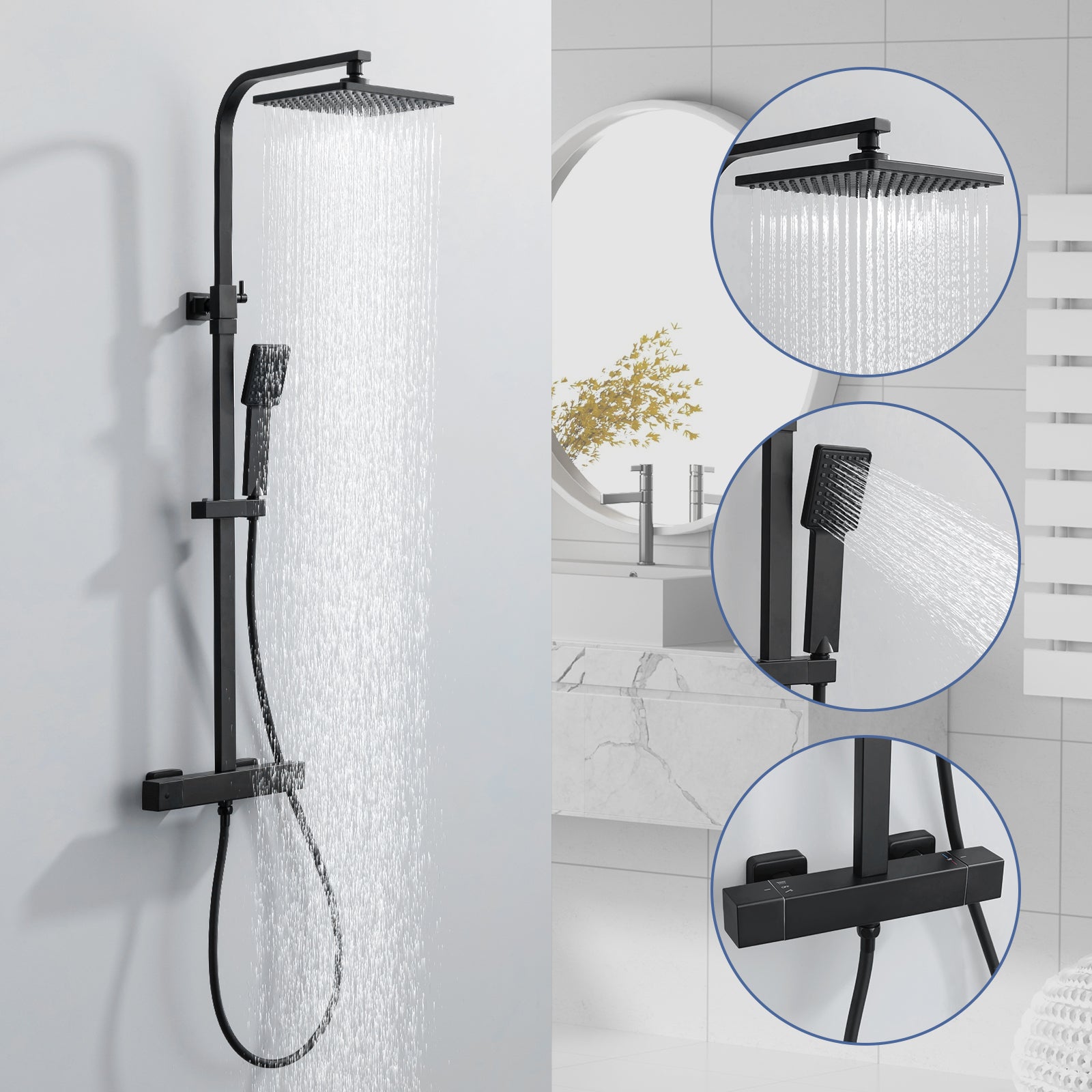 HOMELODY Colonne de Douche Thermostatique 38℃ En Laiton, Ensemble de Douche Noir Réglable en Hauteur, Mitigeur Douche pour Salle de Bain