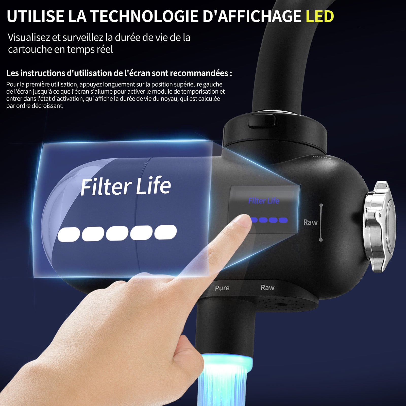 HOMELODY Filtre à eau robinet 3.0 avec affichage LED, filtre à eau potable pour cuisine, élimine le chlore, les métaux lourds et le mauvais goût, 12 adaptateurs avec lumière bleue (1 filtre inclus)