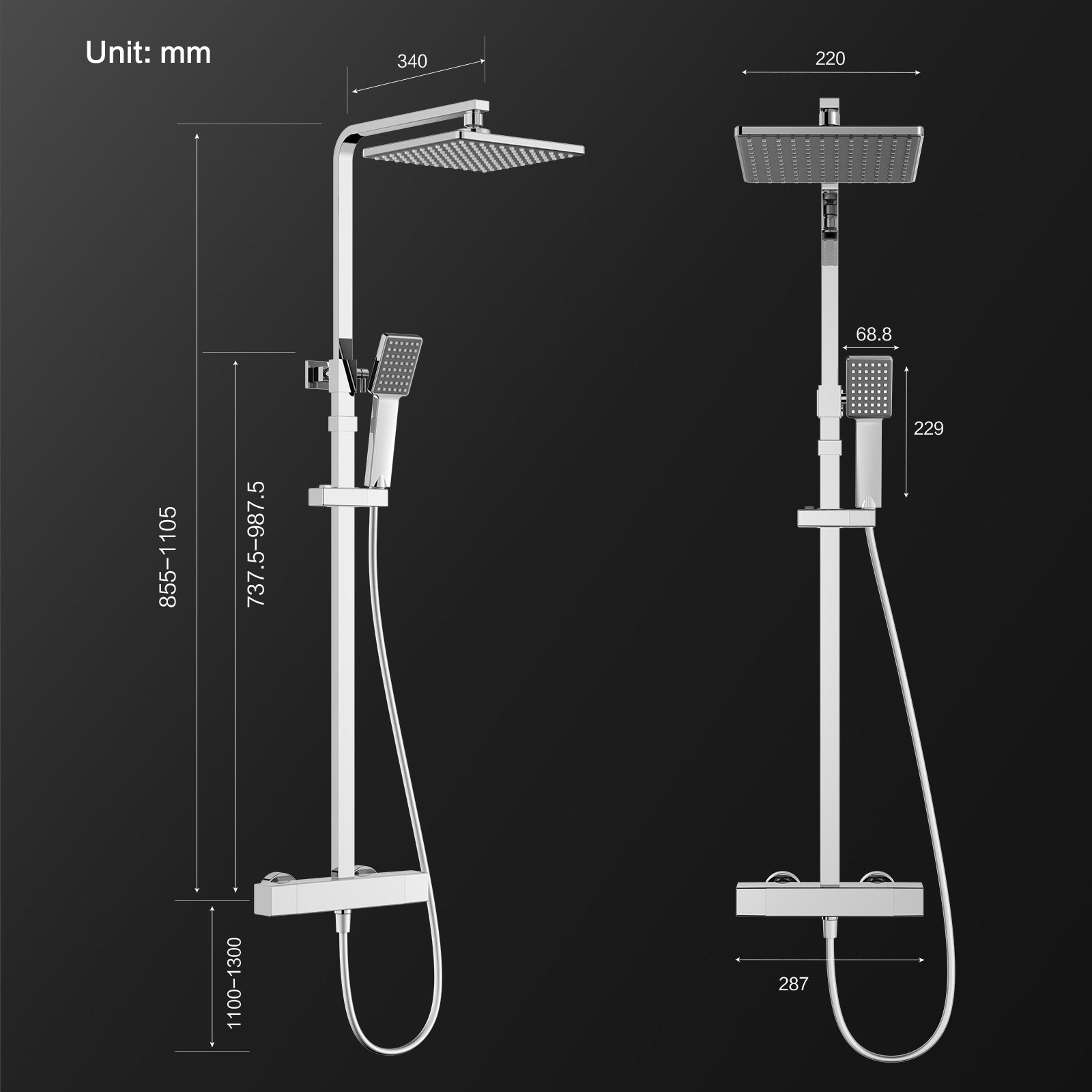 Système de douche Homelody avec thermostat, kit de douche en laiton avec robinetterie Pomme de douche à effet pluie (200 x 200 mm) Douchette, flexible, barre de douche, robinetterie de douche