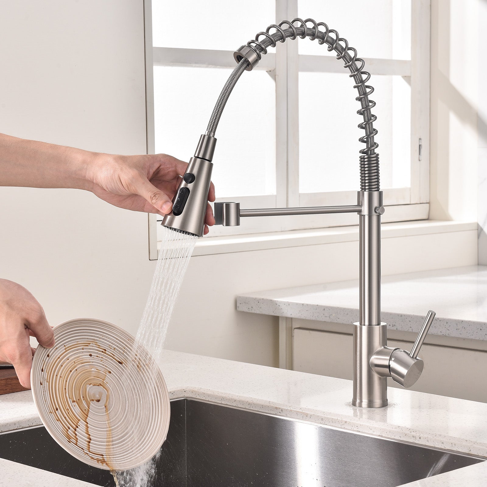 Homelody Mitigeur de Cuisine à Ressort 360° – Douchette 4 Fonctions, Contrôle Température & Débit