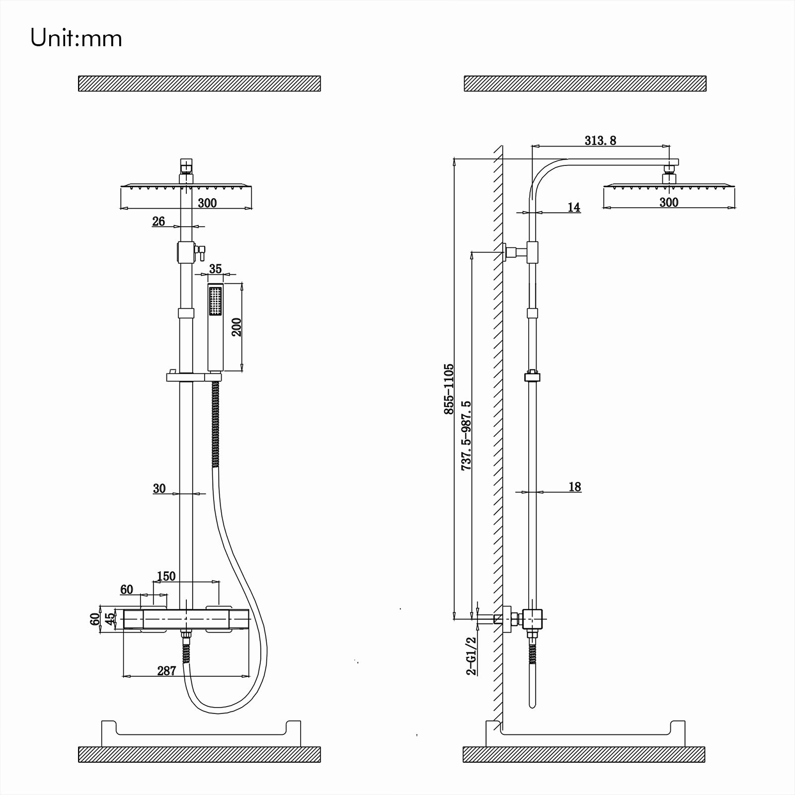 Homelody Colonne de Douche Thermostatique Système de Douche Hauteur Réglable Colonne de Douche Avec Grand Jet de Plafond Carré de 12 Pouces Ensemble de Douche Chromé Corps en Laiton