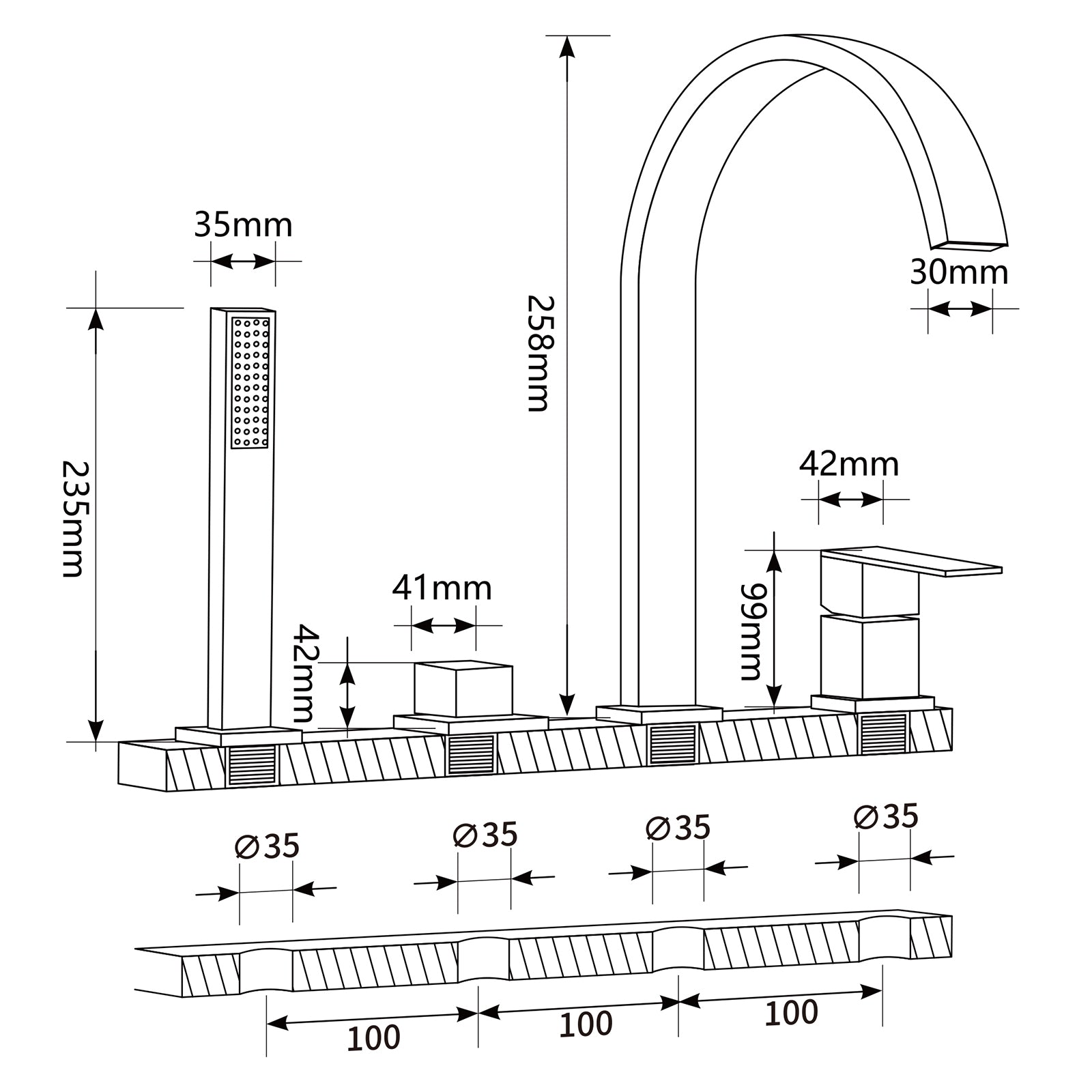 Homelody Robinet Baignoire 4 Trous Noir, Bec Cascade Pivotant 360°, Mitigeur Bain-Douche en Laiton Durable avec Douchette