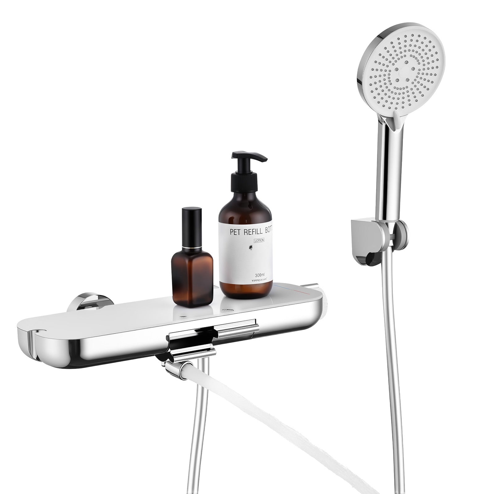 HOMELODY Robinet Baignoire avec Tablette 120×370 mm, Douchette à Main et Sortie Bain, Chrome