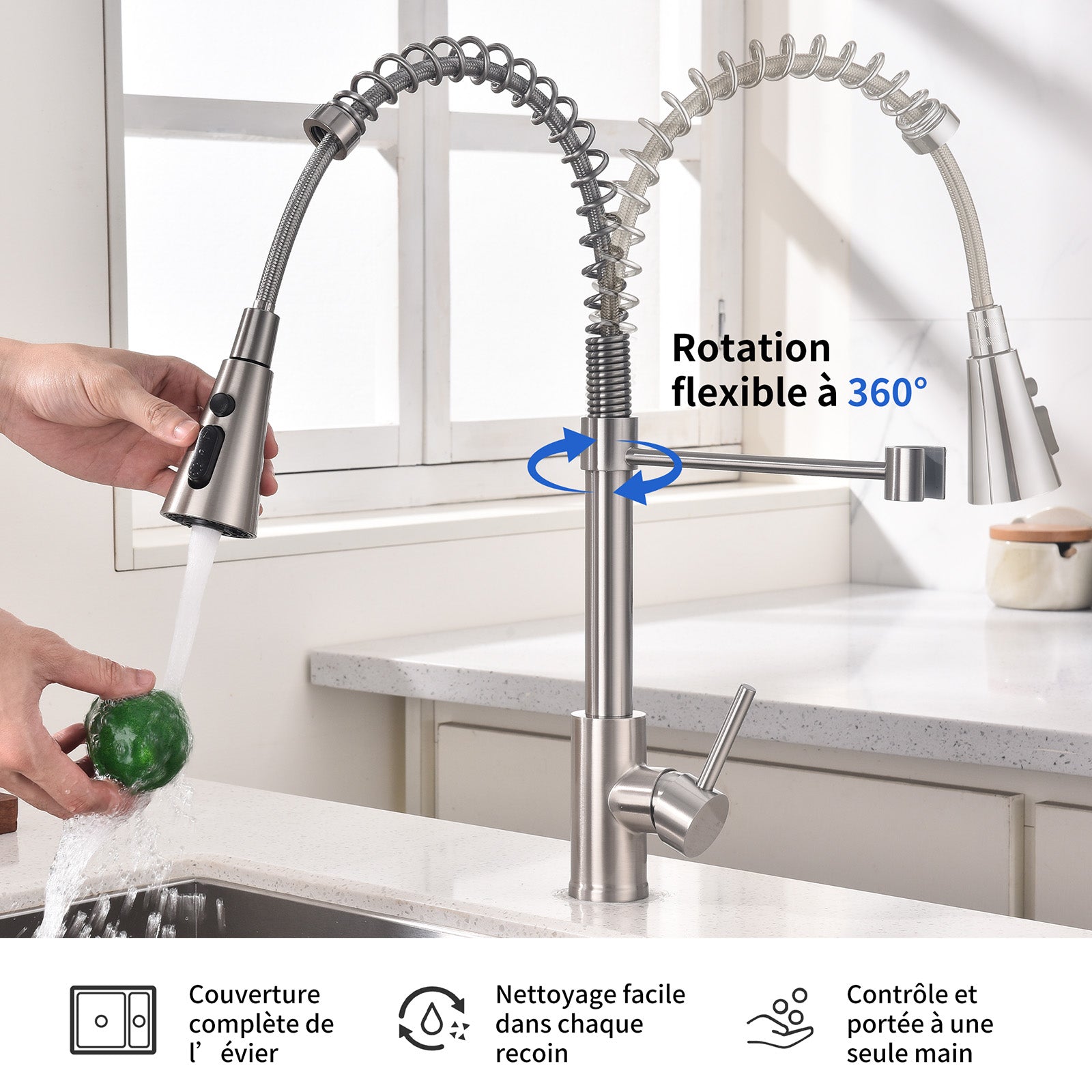 Homelody Mitigeur de Cuisine à Ressort 360° – Douchette 4 Fonctions, Contrôle Température & Débit