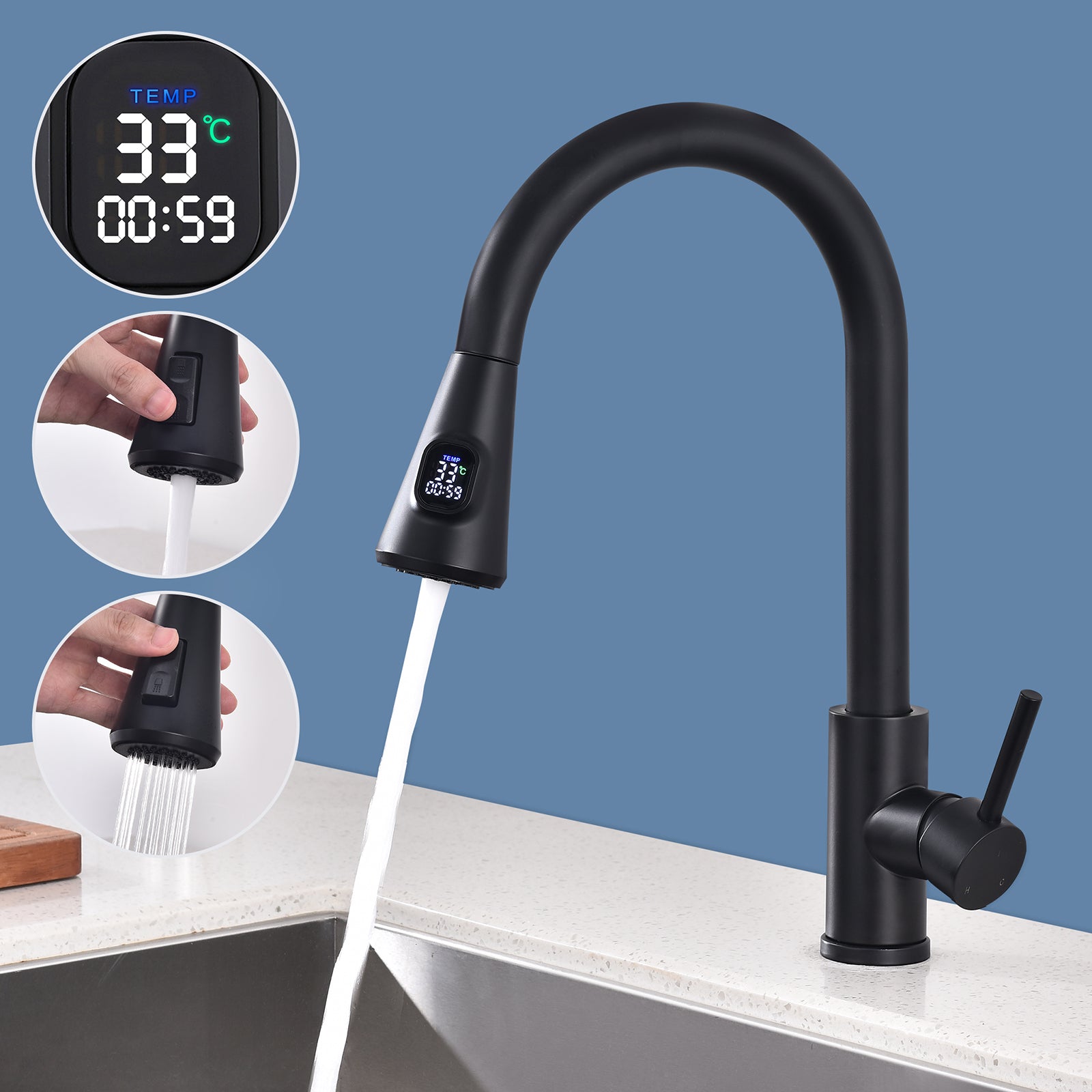 Homelody Robinet Cuisine Avec Affichage LED Température,Mitigeur Cuisine Avec Douchette Pivotant à 360° d'Évier à Arc Élevé Pulvérisateur Escamotable 2 Modes, Acier Inoxydable