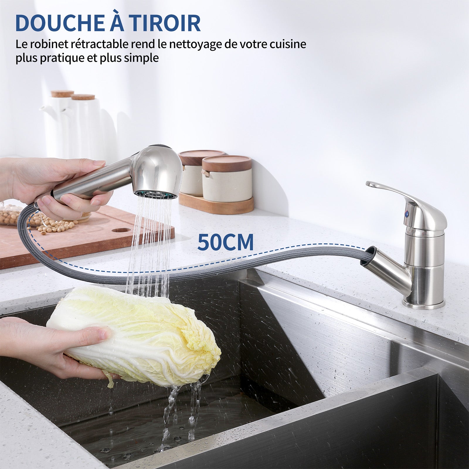 Robinet de Cuisine avec Douchette Extractible Mitigeur de cuisine 180° Bec Rotatif Mitigeur d'Évier en Acier inoxydable Mitigeur Cuisine et Chaude et Froide Noir