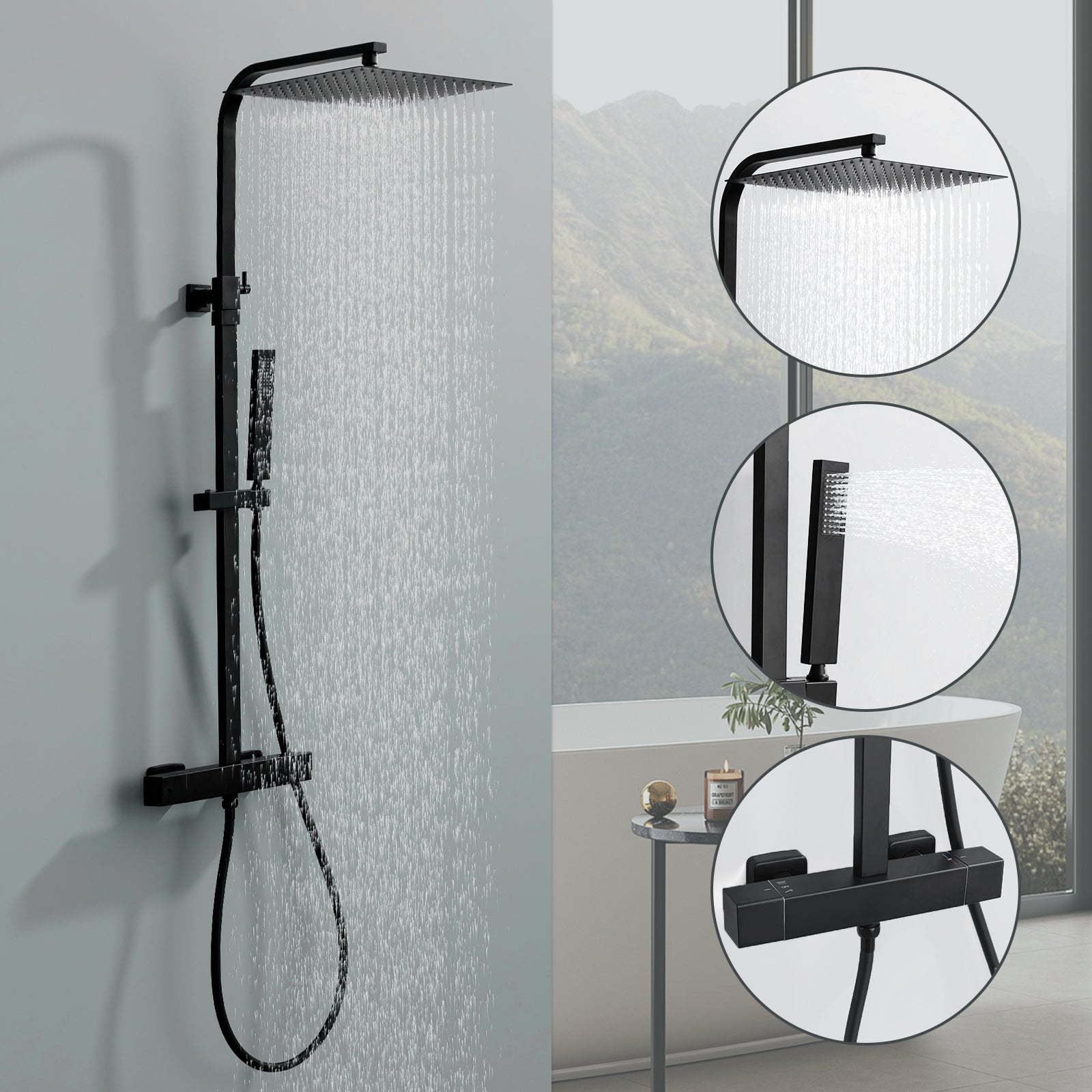 Homelody Colonne de Douche Thermostatique Système de Douche Hauteur Réglable Colonne de Douche Avec Grand Jet de Plafond Carré de 12 Pouces Ensemble de Douche Noir Corps en Laiton
