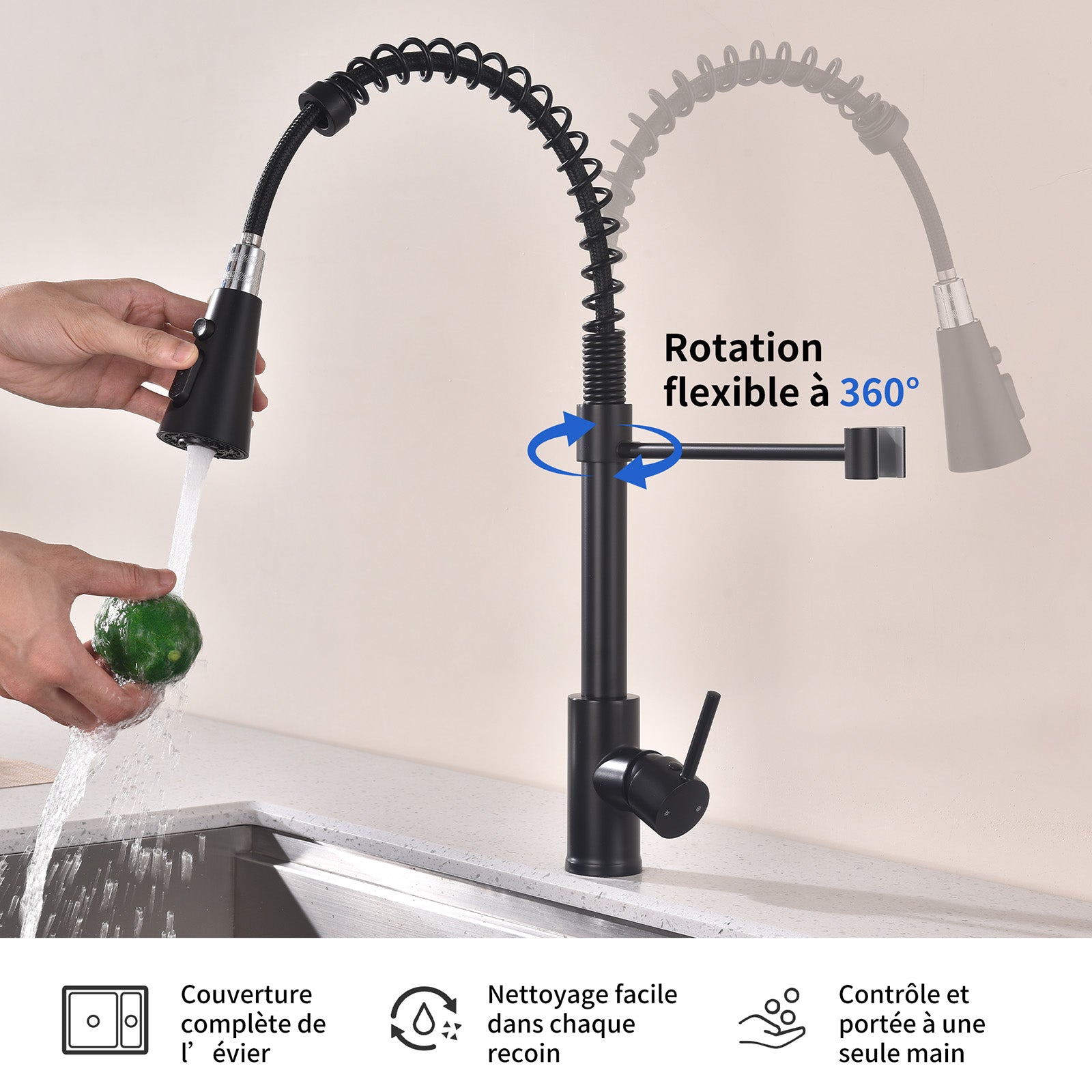 Homelody Mitigeur de Cuisine à Ressort 360° – Douchette 4 Fonctions, Contrôle Température & Débit