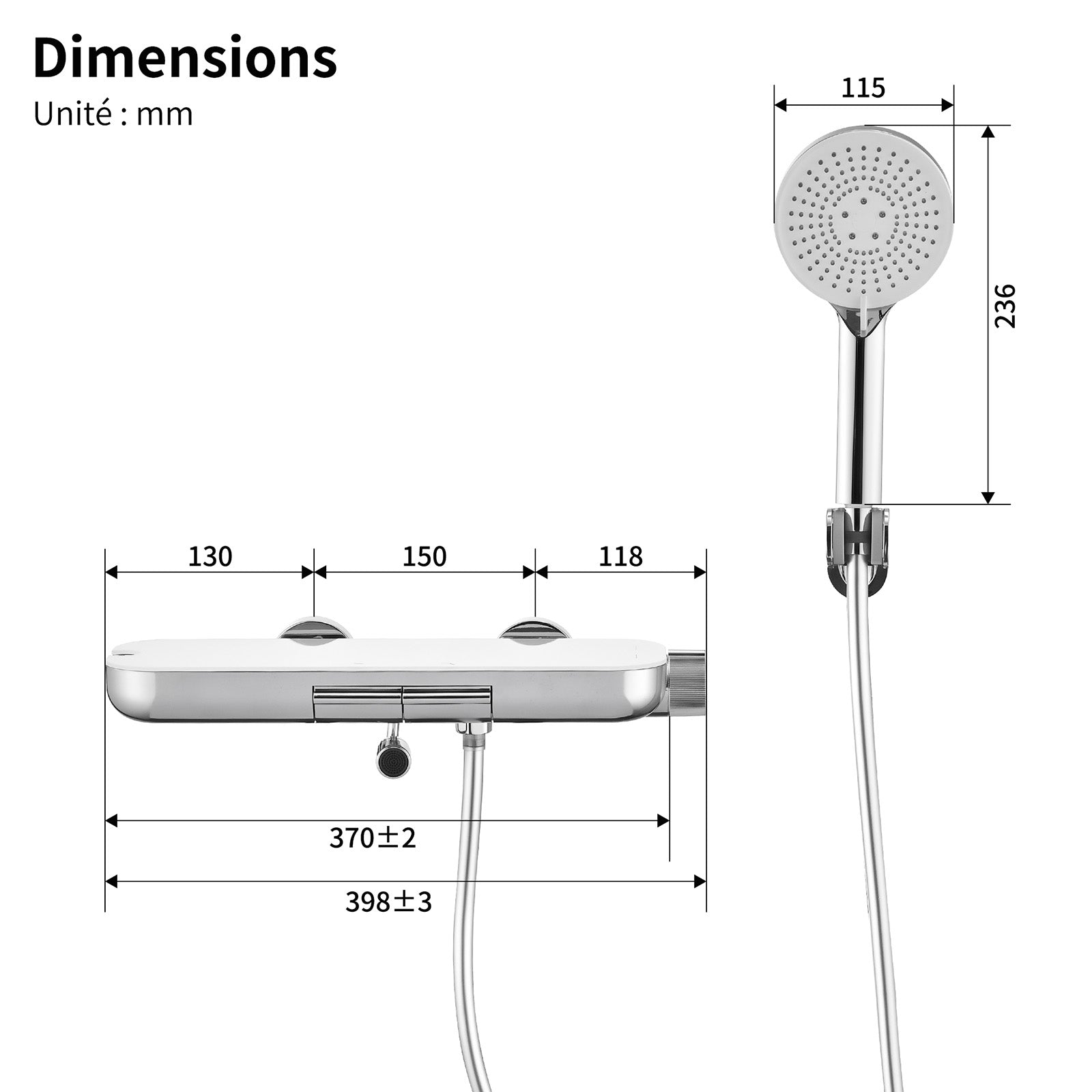 HOMELODY Robinet Baignoire avec Tablette 120×370 mm, Douchette à Main et Sortie Bain, Chrome