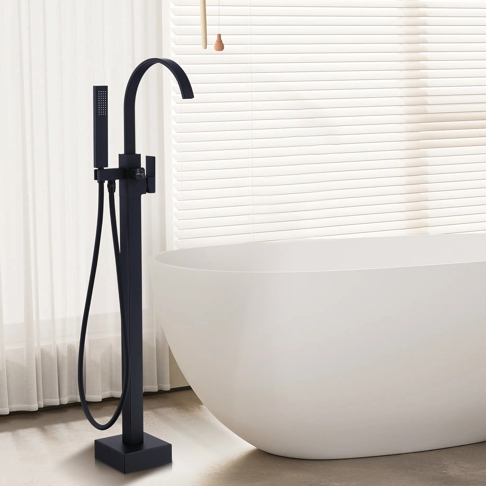 Homelody Mitigeur de Baignoire sur Pied Noir en Laiton, Bec Cascade Pivotant 360°, Double Sortie (Bec + Douchette), Mitigeur Monocommande Réglable
