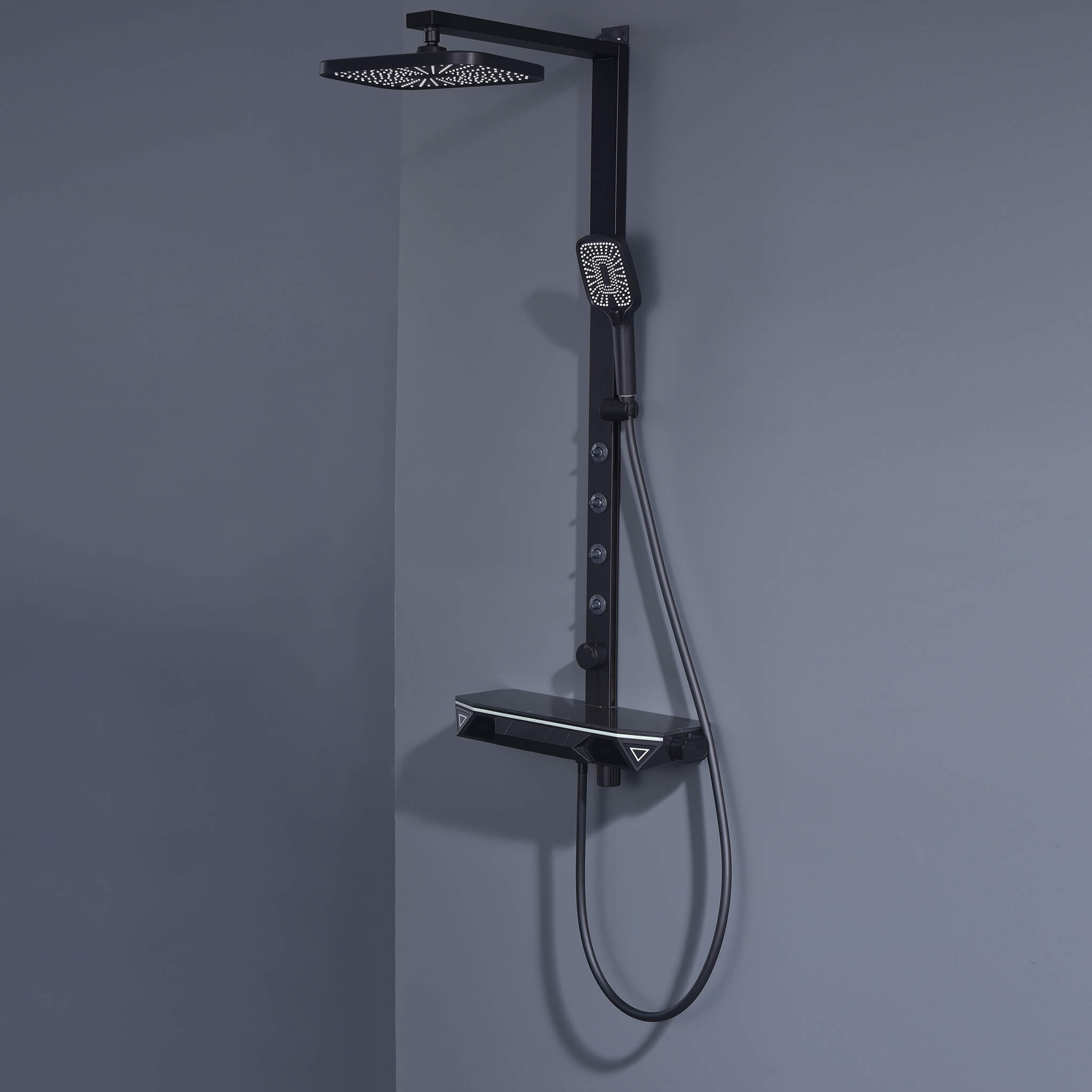 Homelody 38 ℃ Thermostatique Système de douche à affichage numérique avec Plateau de Rangement avec mitigeur de Baignoire pour et Pivotantà 360° backspray, lumière ambiante