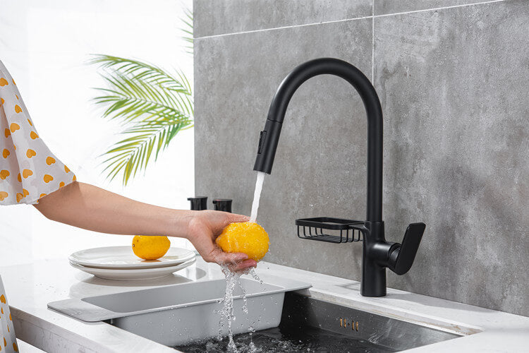 Homelody Noir Robinet Escamotable Evier Bec Pivotant à 360° Mélangeur Cuisine avec Douchette Extractible acier inoxydable et étagères