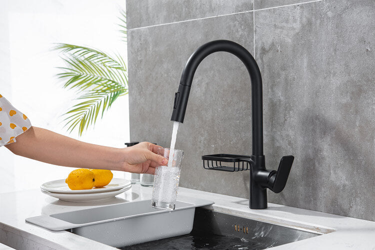 Homelody Noir Robinet Escamotable Evier Bec Pivotant à 360° Mélangeur Cuisine avec Douchette Extractible acier inoxydable et étagères