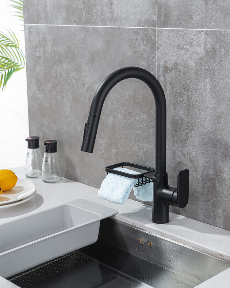 Homelody Noir Robinet Escamotable Evier Bec Pivotant à 360° Mélangeur Cuisine avec Douchette Extractible acier inoxydable et étagères