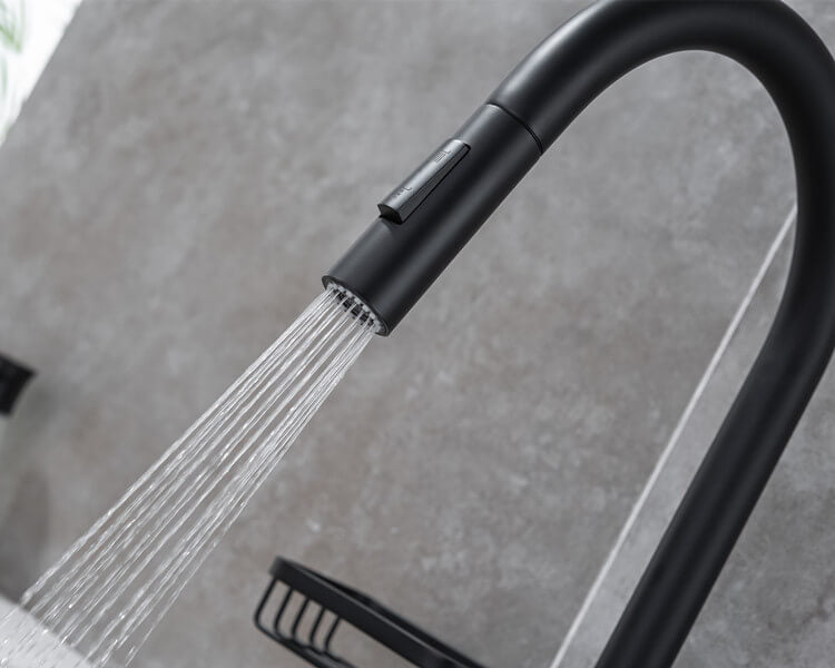 Homelody Noir Robinet Escamotable Evier Bec Pivotant à 360° Mélangeur Cuisine avec Douchette Extractible acier inoxydable et étagères