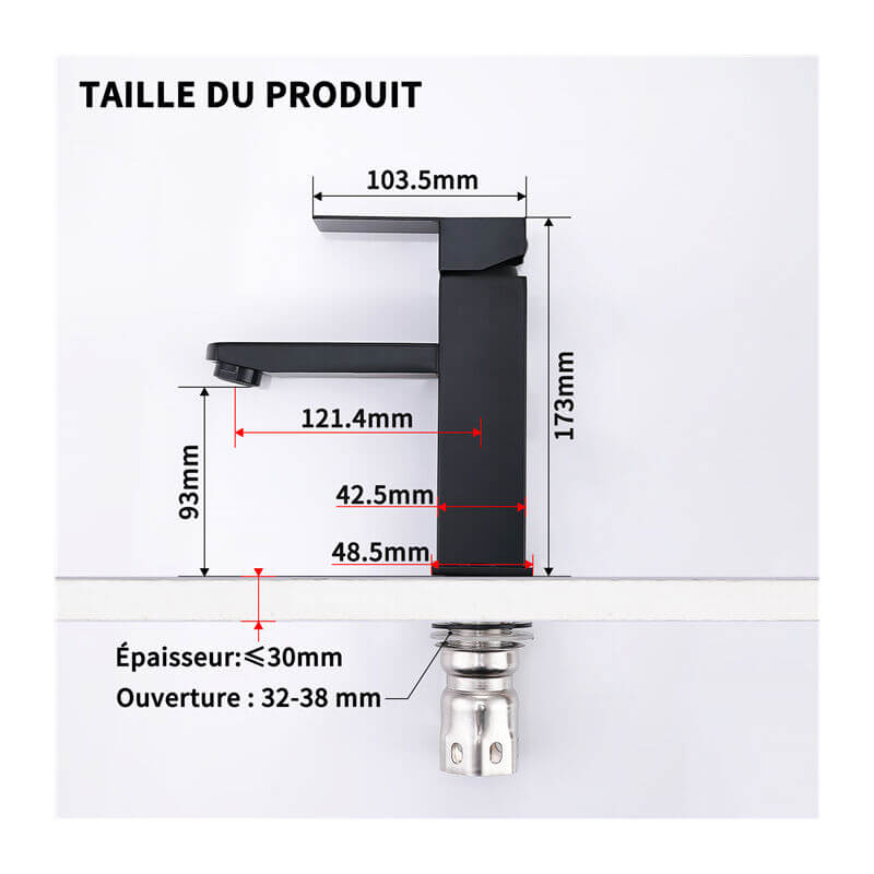 Mitigeur Lavabo Noir acier inoxydable Robinet Salle Bain avec Poignée Carrée Mélangeur de Lavabo monotrou robinet lavabo Froid et Chaud