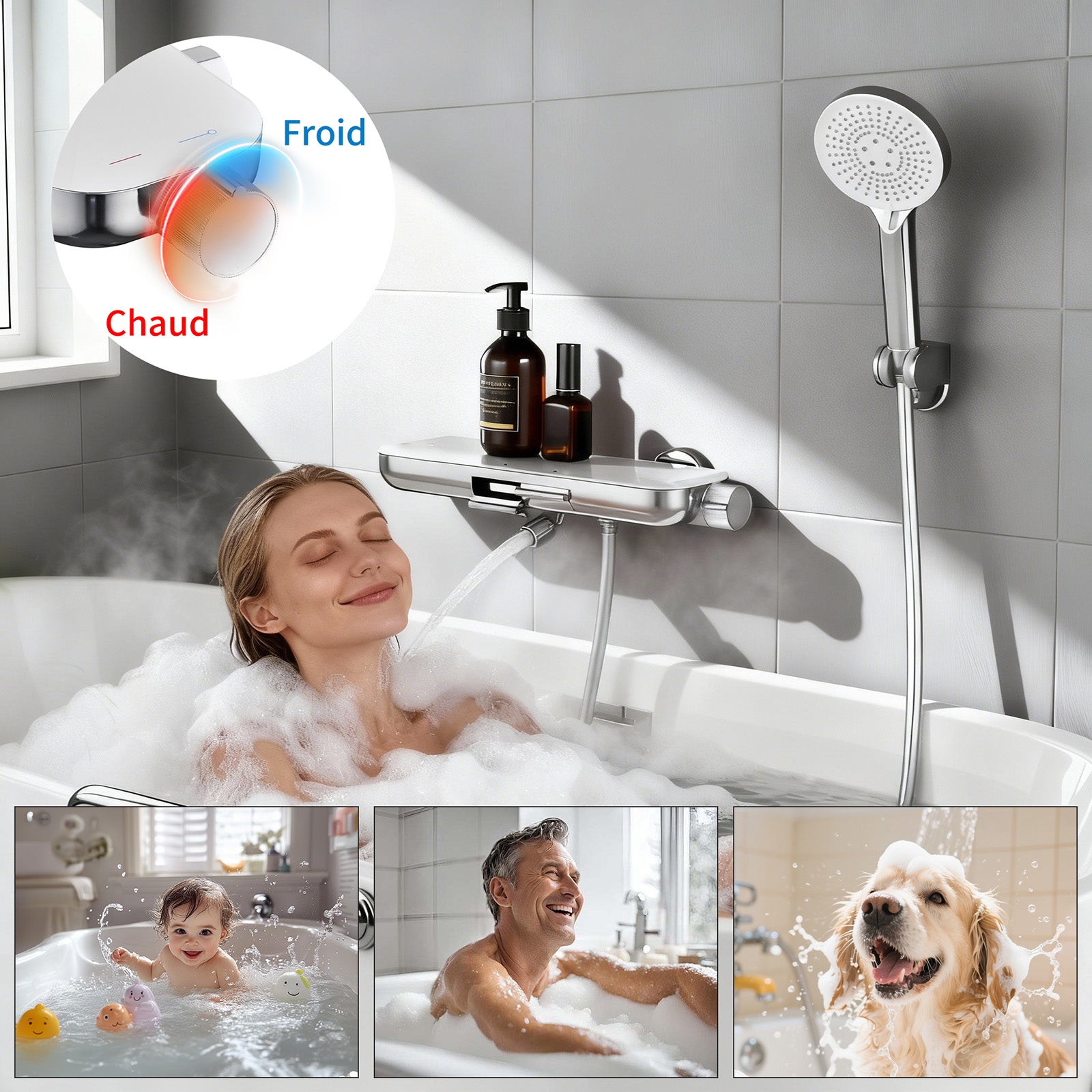 HOMELODY Robinet Baignoire avec Tablette 120×370 mm, Douchette à Main et Sortie Bain, Chrome