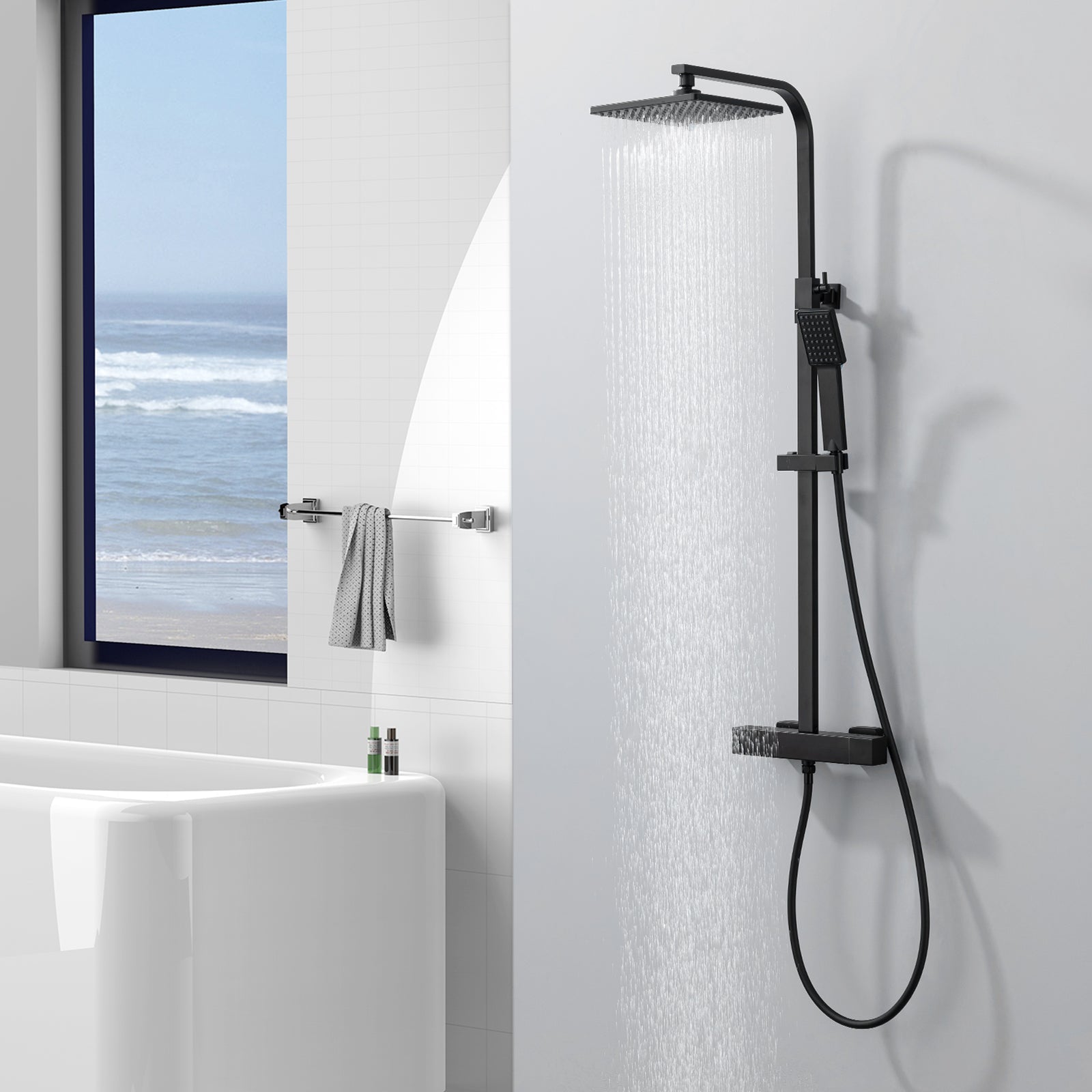 HOMELODY Colonne de Douche Thermostatique 38℃ En Laiton, Ensemble de Douche Noir Réglable en Hauteur, Mitigeur Douche pour Salle de Bain