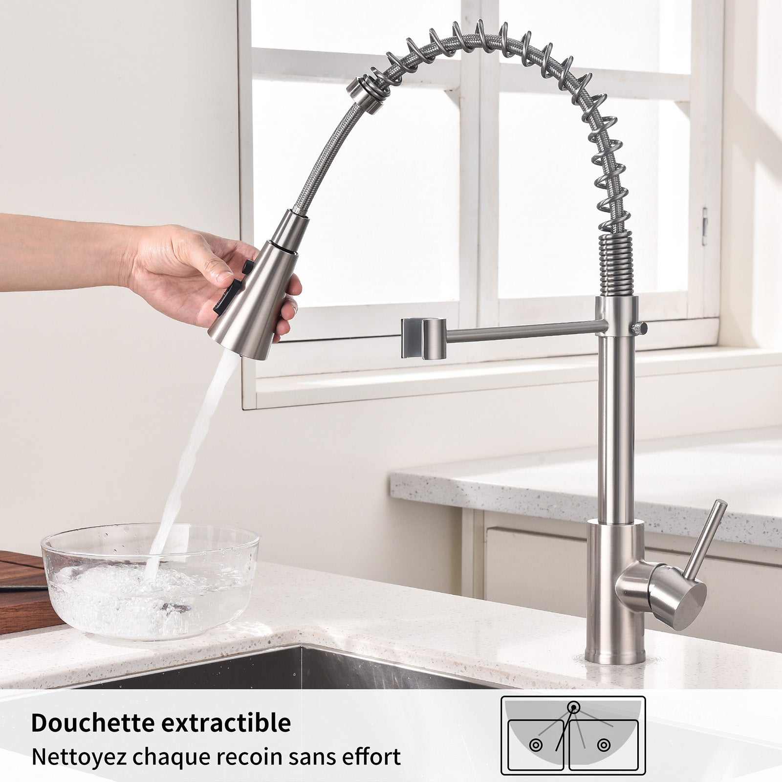 Homelody Mitigeur de Cuisine à Ressort 360° – Douchette 4 Fonctions, Contrôle Température & Débit