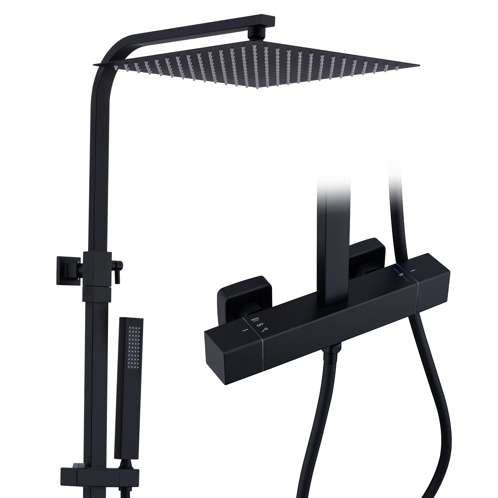 Homelody Colonne de Douche Thermostatique Système de Douche Hauteur Réglable Colonne de Douche Avec Grand Jet de Plafond Carré de 12 Pouces Ensemble de Douche Noir Corps en Laiton