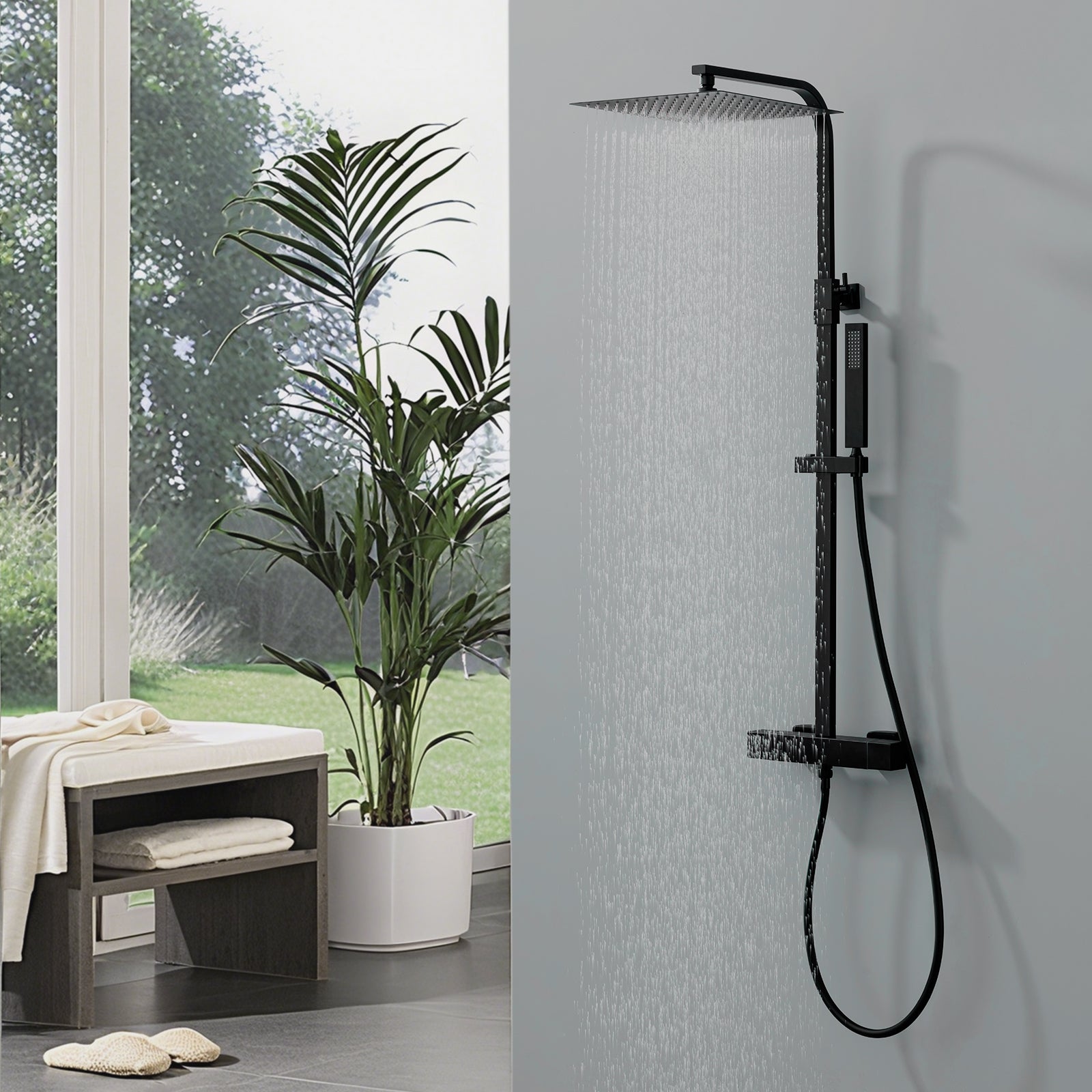 Homelody Colonne de Douche Thermostatique Système de Douche Hauteur Réglable Colonne de Douche Avec Grand Jet de Plafond Carré de 12 Pouces Ensemble de Douche Noir Corps en Laiton