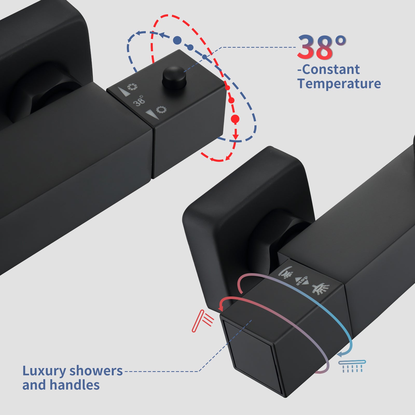 Homelody Colonne de Douche Thermostatique Système de Douche Hauteur Réglable Colonne de Douche Avec Grand Jet de Plafond Carré de 12 Pouces Ensemble de Douche Noir Corps en Laiton