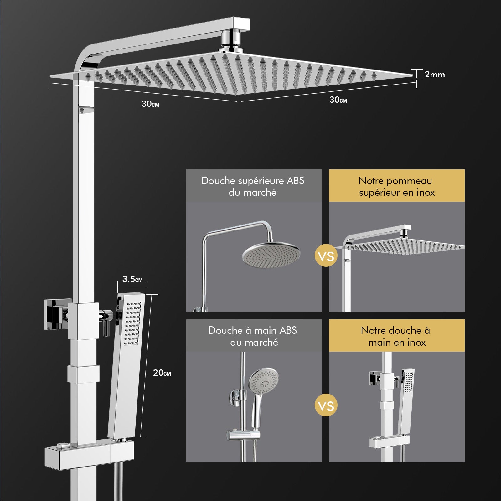 Homelody Colonne de Douche Thermostatique Système de Douche Hauteur Réglable Colonne de Douche Avec Grand Jet de Plafond Carré de 12 Pouces Ensemble de Douche Chromé Corps en Laiton