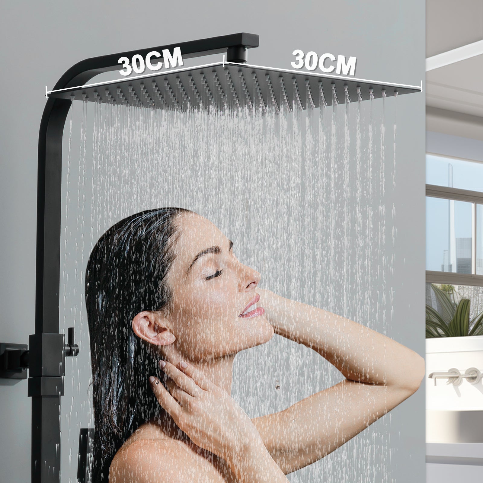 Homelody Colonne de Douche Thermostatique Système de Douche Hauteur Réglable Colonne de Douche Avec Grand Jet de Plafond Carré de 12 Pouces Ensemble de Douche Noir Corps en Laiton