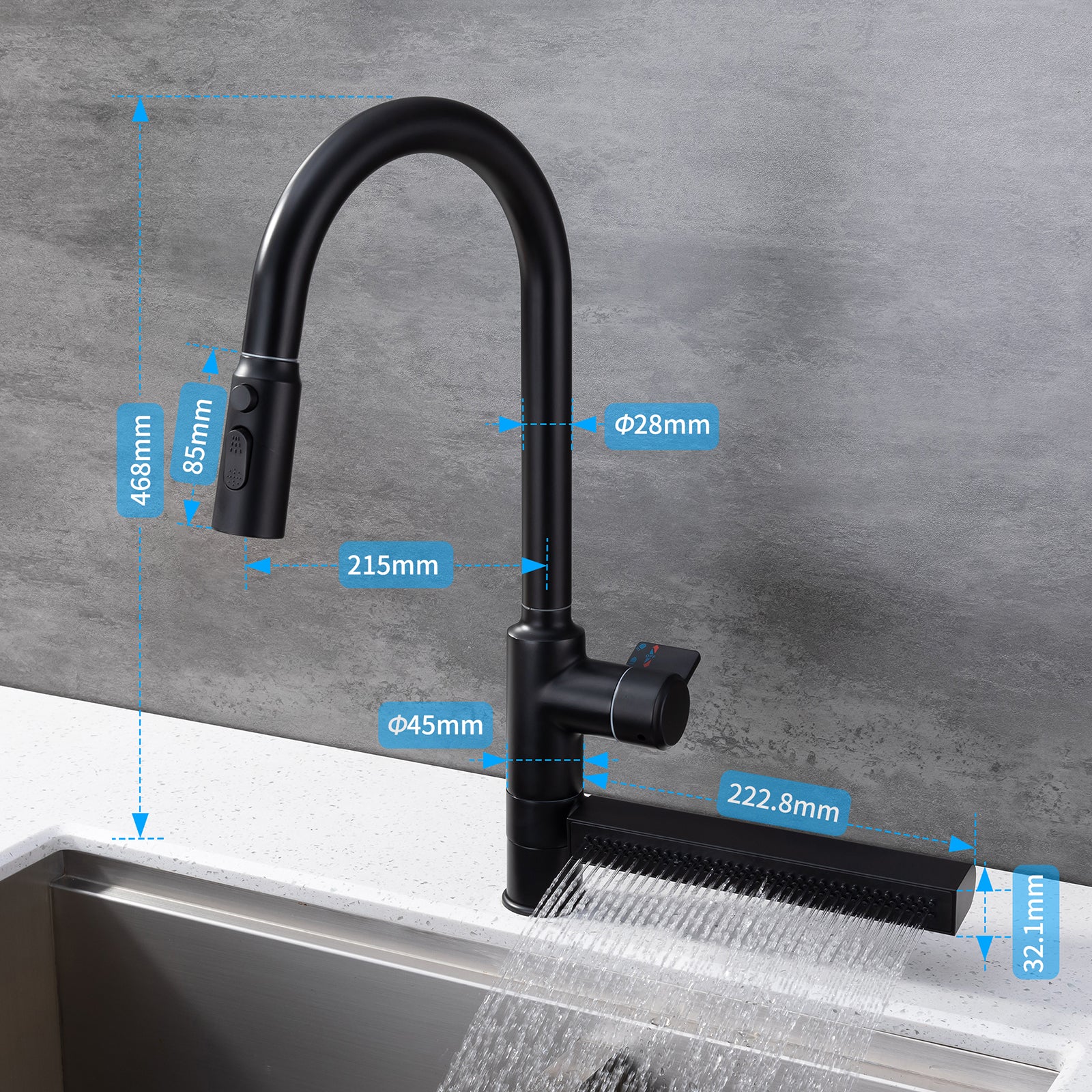 Homelody Mitigeur Cuisine Noir - Robinet de cuisine cascade avec Rotation à 360 ° avec Douchette Extractible 3 Jets