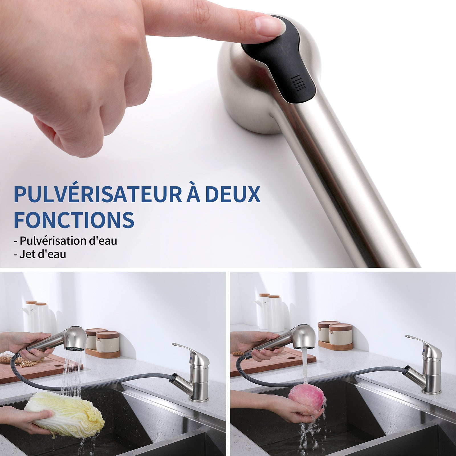 Robinet de Cuisine avec Douchette Extractible Mitigeur de cuisine 180° Bec Rotatif Mitigeur d'Évier en Acier inoxydable Mitigeur Cuisine et Chaude et Froide Noir
