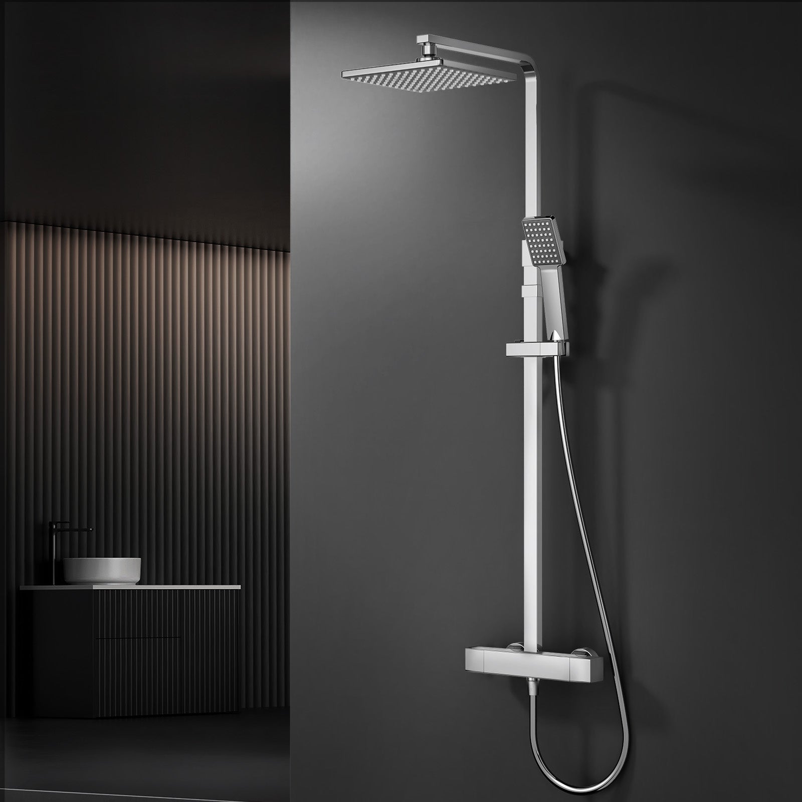 Système de douche Homelody avec thermostat, kit de douche en laiton avec robinetterie Pomme de douche à effet pluie (200 x 200 mm) Douchette, flexible, barre de douche, robinetterie de douche