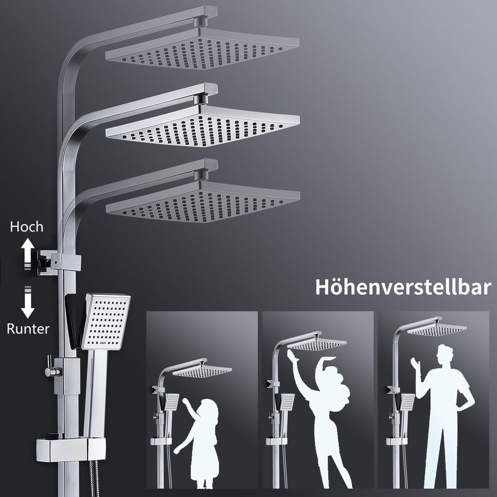 Système de douche Homelody avec thermostat, kit de douche en laiton avec robinetterie Pomme de douche à effet pluie (200 x 200 mm) Douchette, flexible, barre de douche, robinetterie de douche