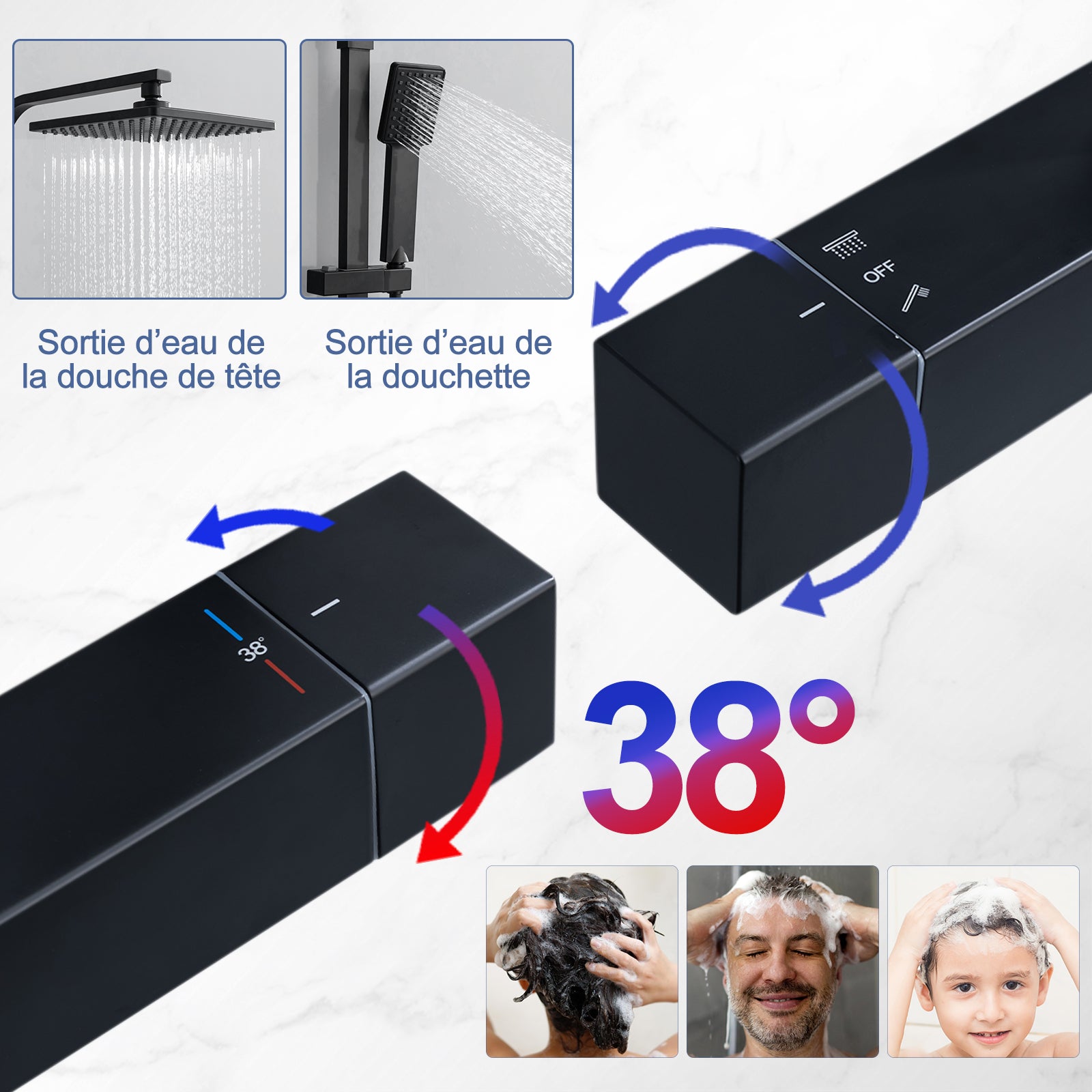 HOMELODY Colonne de Douche Thermostatique 38℃ En Laiton, Ensemble de Douche Noir Réglable en Hauteur, Mitigeur Douche pour Salle de Bain