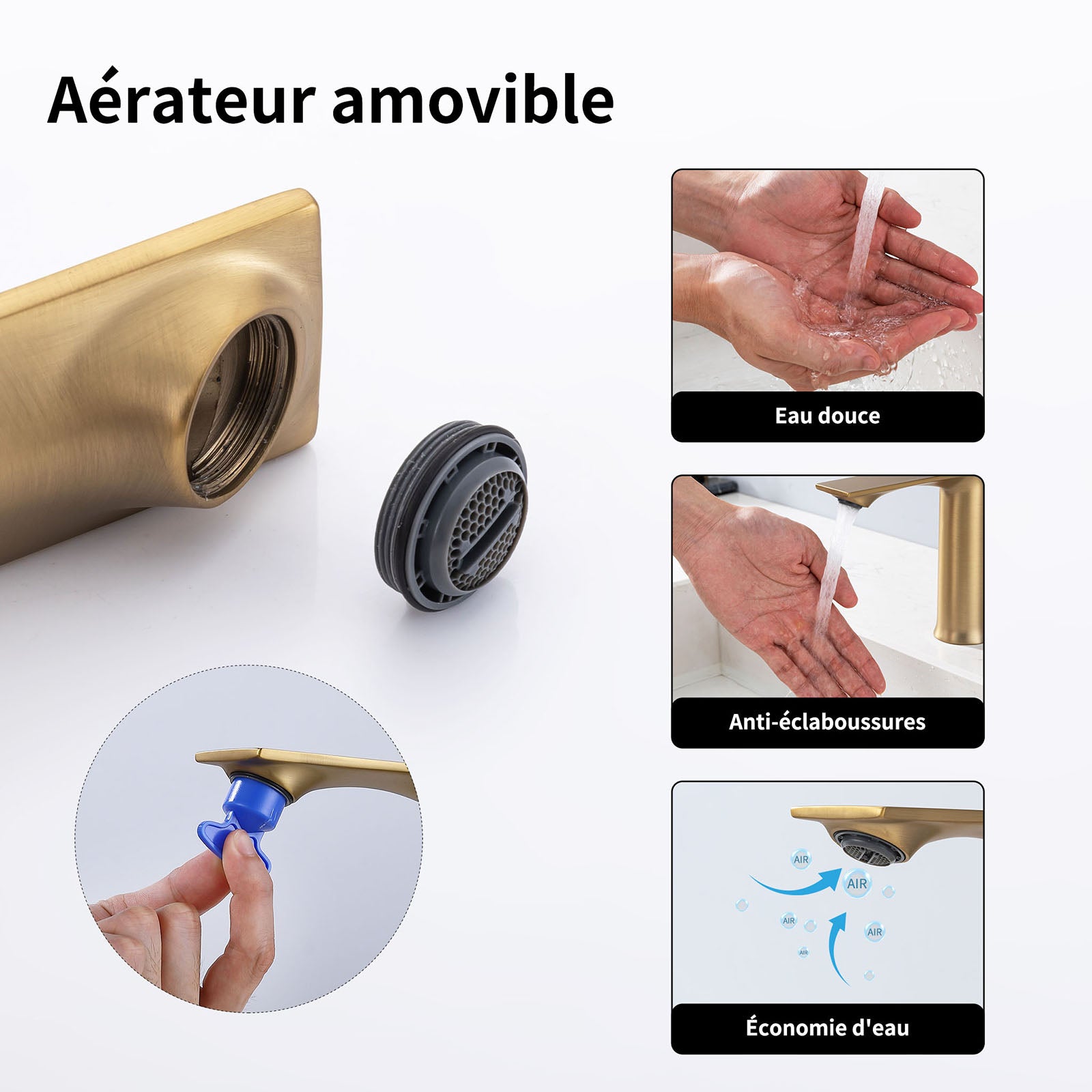 Homelody Mitigeur Lavabo Doré Monocommande – Robinet Salle de Bain en Inox, Température et Débit Réglables