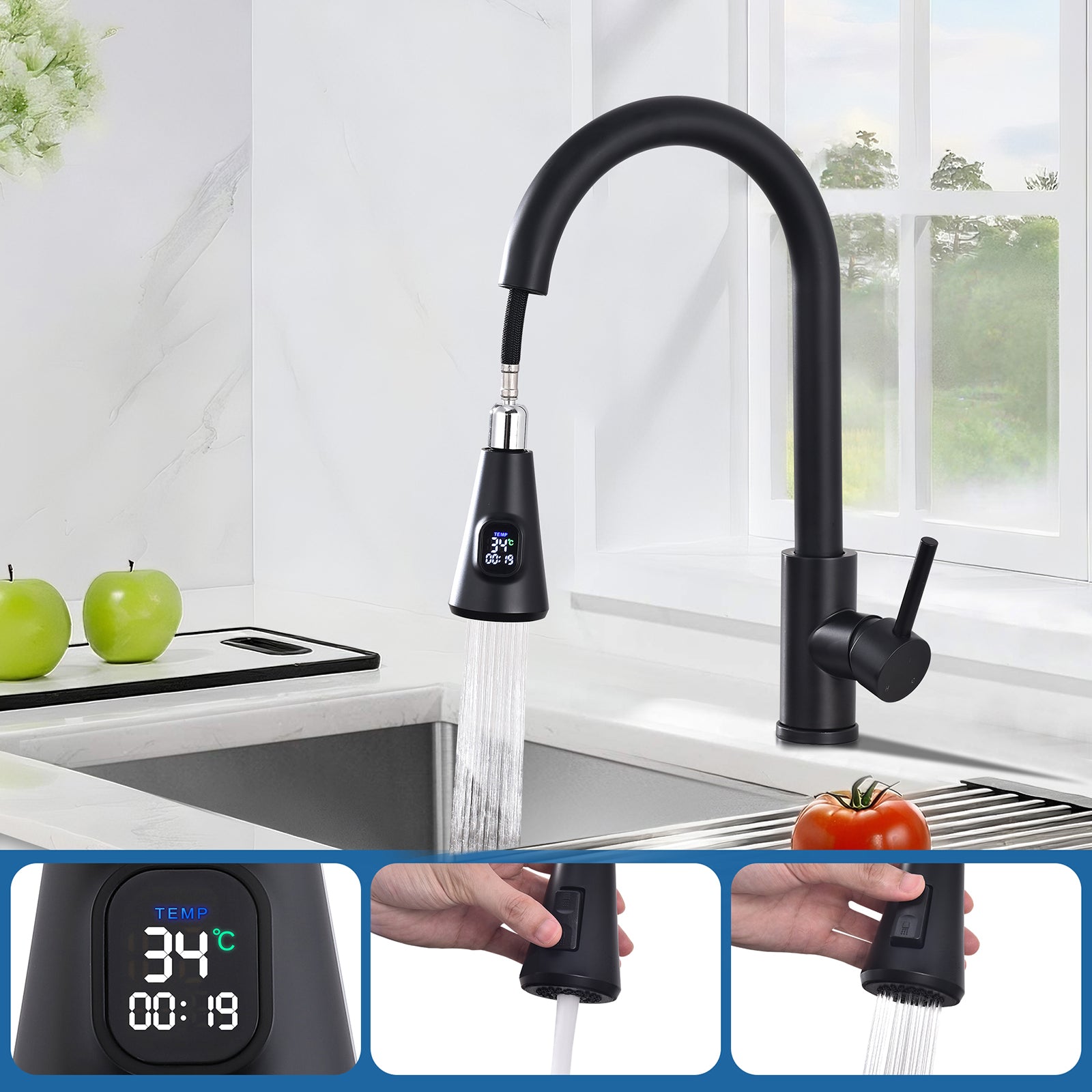 Homelody Robinet Cuisine Avec Affichage LED Température,Mitigeur Cuisine Avec Douchette Pivotant à 360° d'Évier à Arc Élevé Pulvérisateur Escamotable 2 Modes, Acier Inoxydable