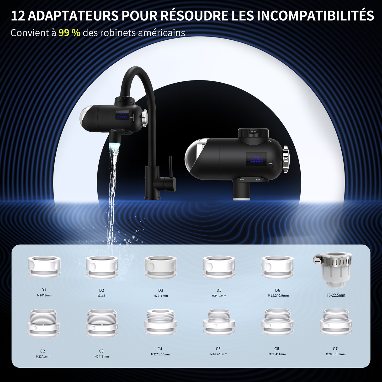 HOMELODY Filtre à eau robinet 3.0 avec affichage LED, filtre à eau potable pour cuisine, élimine le chlore, les métaux lourds et le mauvais goût, 12 adaptateurs avec lumière bleue (1 filtre inclus)