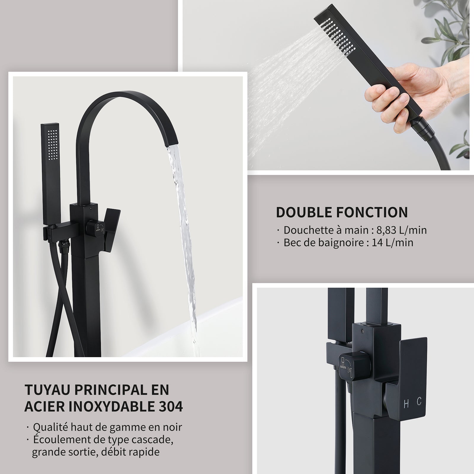 Homelody Mitigeur de Baignoire sur Pied Noir en Laiton, Bec Cascade Pivotant 360°, Double Sortie (Bec + Douchette), Mitigeur Monocommande Réglable