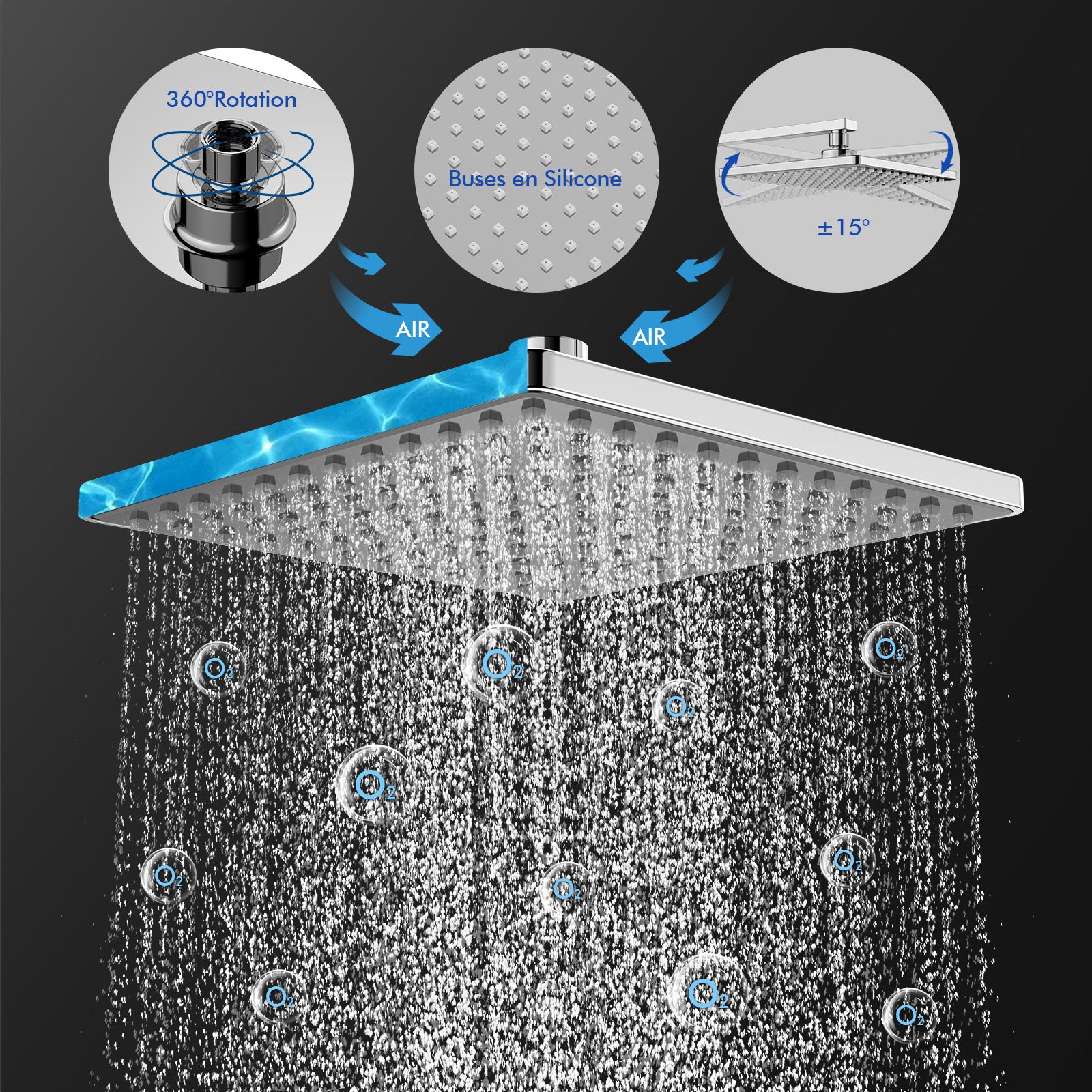 Système de douche Homelody avec thermostat, kit de douche en laiton avec robinetterie Pomme de douche à effet pluie (200 x 200 mm) Douchette, flexible, barre de douche, robinetterie de douche