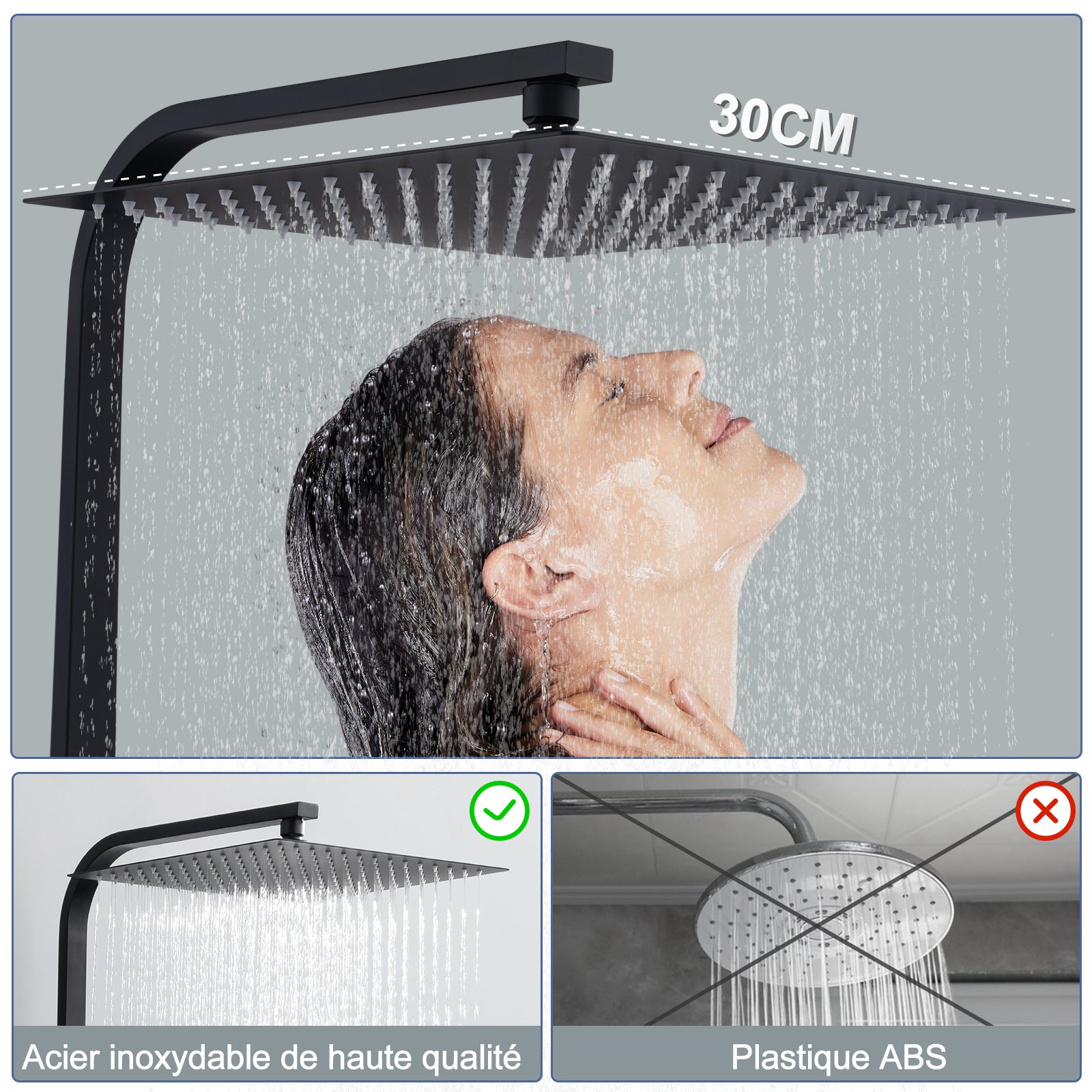 Homelody Colonne de Douche Thermostatique Système de Douche Hauteur Réglable Colonne de Douche Avec Grand Jet de Plafond Carré de 12 Pouces Ensemble de Douche Noir Corps en Laiton