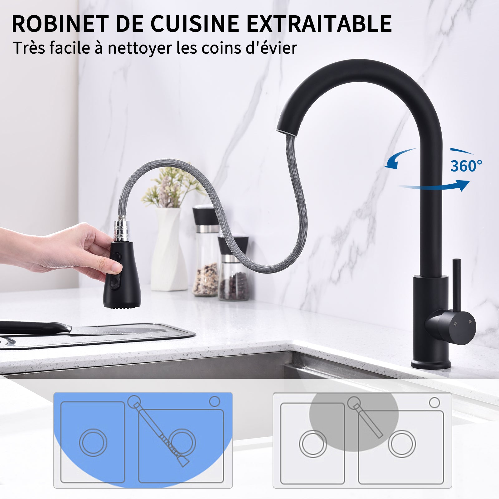 HOMELODY Robinet de cuisine avec douchette - Robinet de cuisine extensible avec 3 modes - Robinet de cuisine rotatif à 360° - Mitigeur d'évier extensible - Mitigeur monocommande en Laiton
