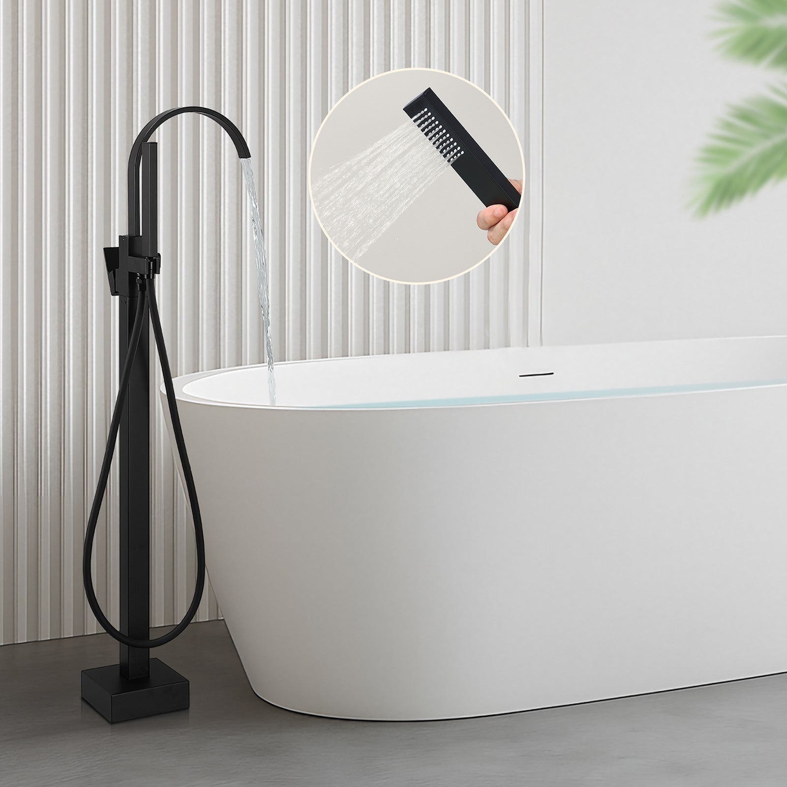 Homelody Mitigeur de Baignoire sur Pied Noir en Laiton, Bec Cascade Pivotant 360°, Double Sortie (Bec + Douchette), Mitigeur Monocommande Réglable