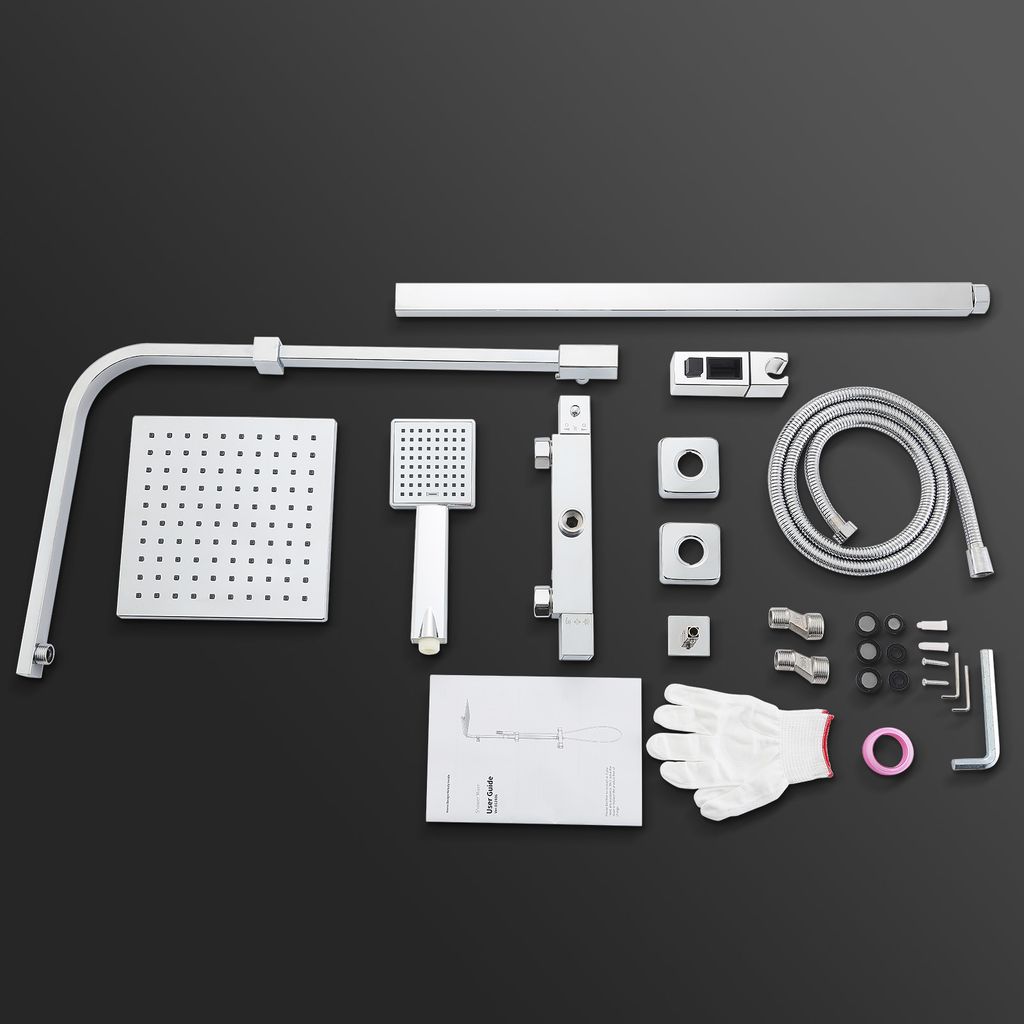 Système de douche Homelody avec thermostat, kit de douche en laiton avec robinetterie Pomme de douche à effet pluie (200 x 200 mm) Douchette, flexible, barre de douche, robinetterie de douche