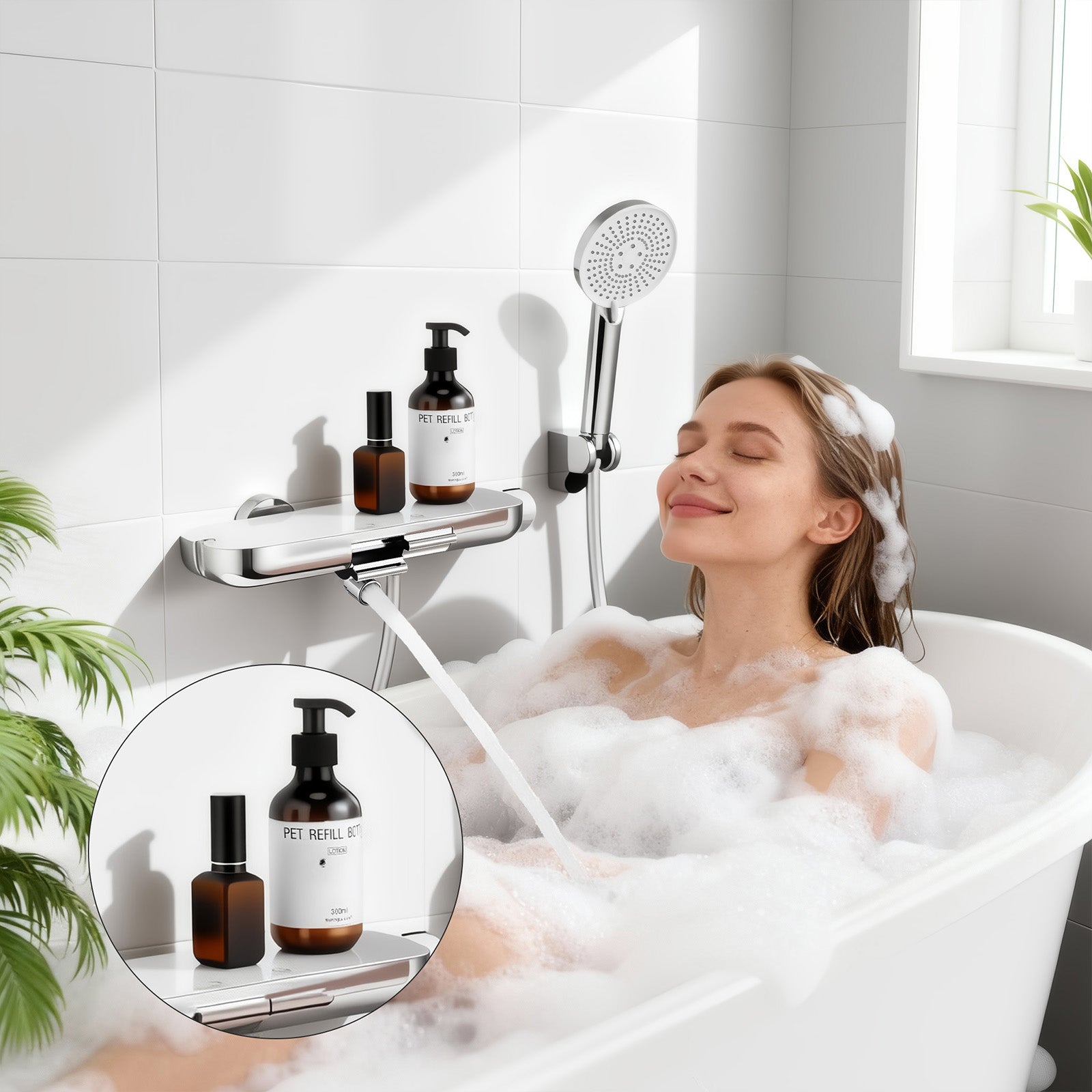 HOMELODY Robinet Baignoire avec Tablette 120×370 mm, Douchette à Main et Sortie Bain, Chrome